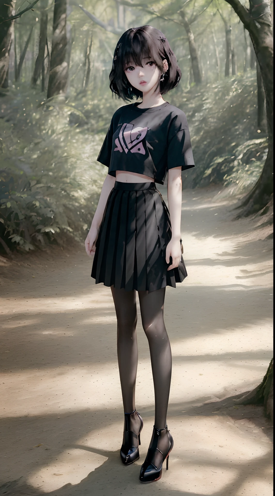 ((Lisa from Blackpink)), t-shirt, tiny pleated skirt, waist-high black tights, high heels, close-up of face, full body shot, very fair skin, short hair, wavy hair, camp, forest, photorealistic , indirect lighting, volumetric light, ray tracing, hyper-detailed