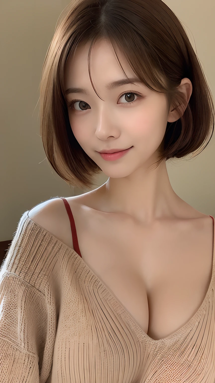 (masterpiece:1.3), (8K, Photorealistic, Original Photography, Top image quality: 1.4), Japanese female high school students、(Feel free to hairstyle:1.2)、Cleavage:1.2、Super detail face、Eye for detail、Double eyelids、Hold your head high and your chest high、Sharp focus:1.2、pretty Woman:1.4、Light brown hair、Top quality、masterpiece、Ultra-high resolution、(Photorealistic:1.4)、Highly detailed and professional lighting smile、Loose, lightweight knitwear、Shoulder abduction、slim、Serious facial expression、short hair、Fatal position