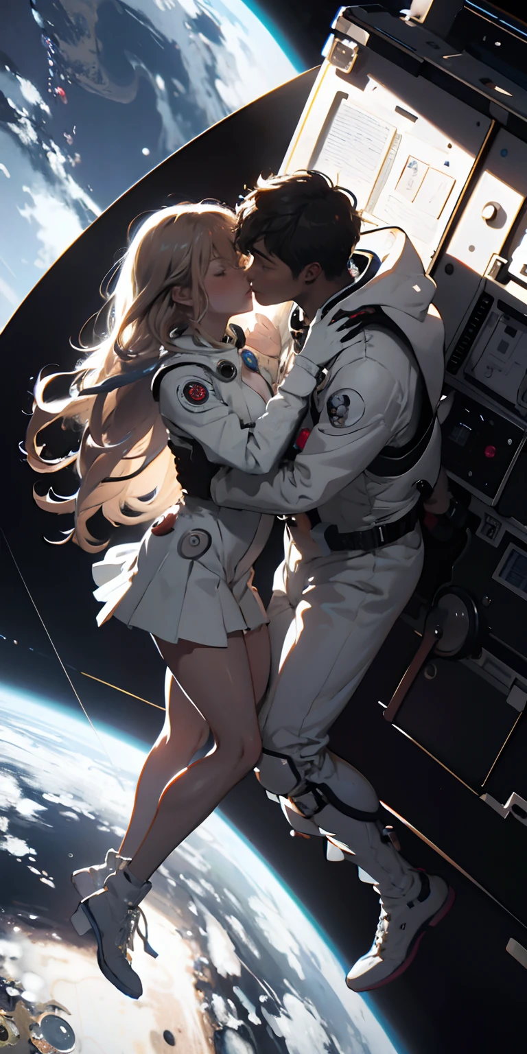 (masterpiece), (best quality), (high res) 2boys, (perfect anatomy) (perfect face) anime boy, (crossdresser), medium dark brown hair, red eyes, brown skin, wide hips, narrow waist and thick thighs, flustered, brushing, standing in space, flat chest, (full body suit), (visible bulge), (skin tight space green quantum space suit) man, fair skin, white hair, yellow eyes, in outer space, (gay sex) (kissing) (French kiss) (kissing each other)
