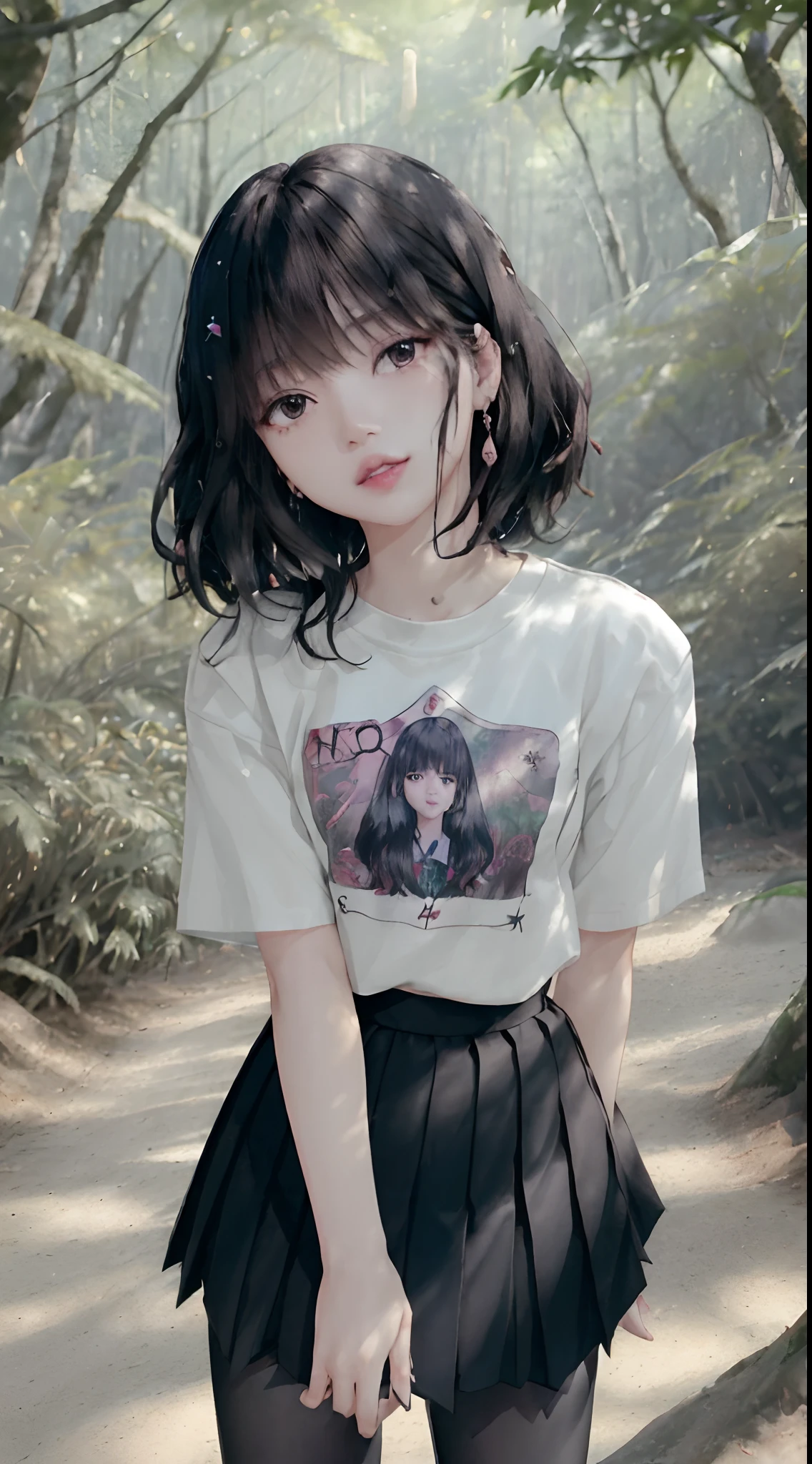 ((Lisa from Blackpink)), t-shirt, tiny pleated skirt, waist-high black tights, high heels, close-up of face, full body shot, very fair skin, short hair, wavy hair, camp, forest, photorealistic , indirect lighting, volumetric light, ray tracing, hyper-detailed