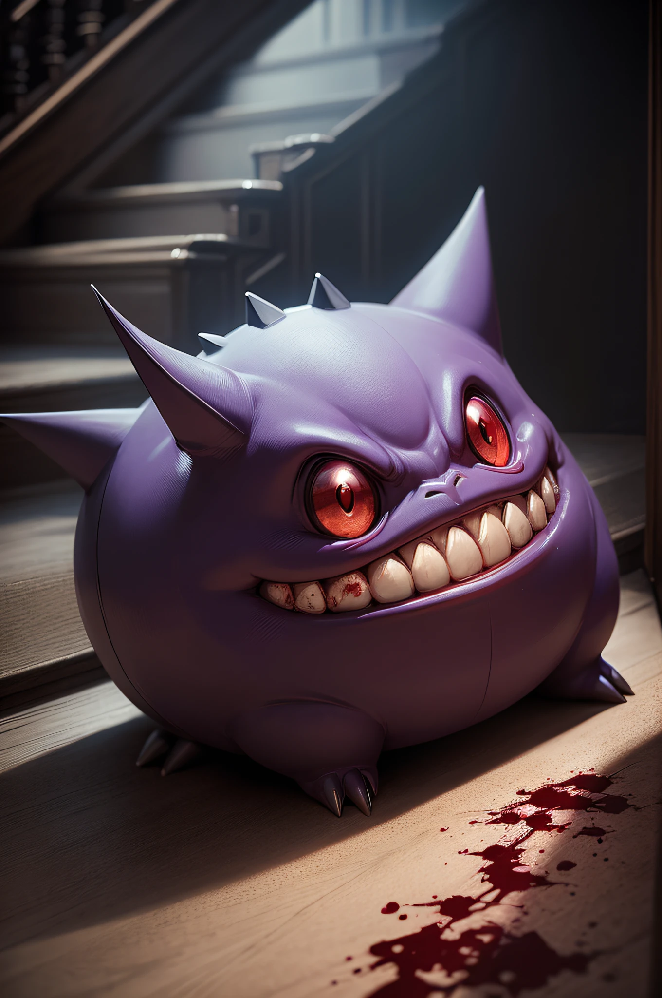 highest quality image, masterpiece, (detailed: 1.4), perfect drawing, pokemon gengar, totally in the dark, dark mansion, stairs, gothic setting, night, no lights, blood red eyes