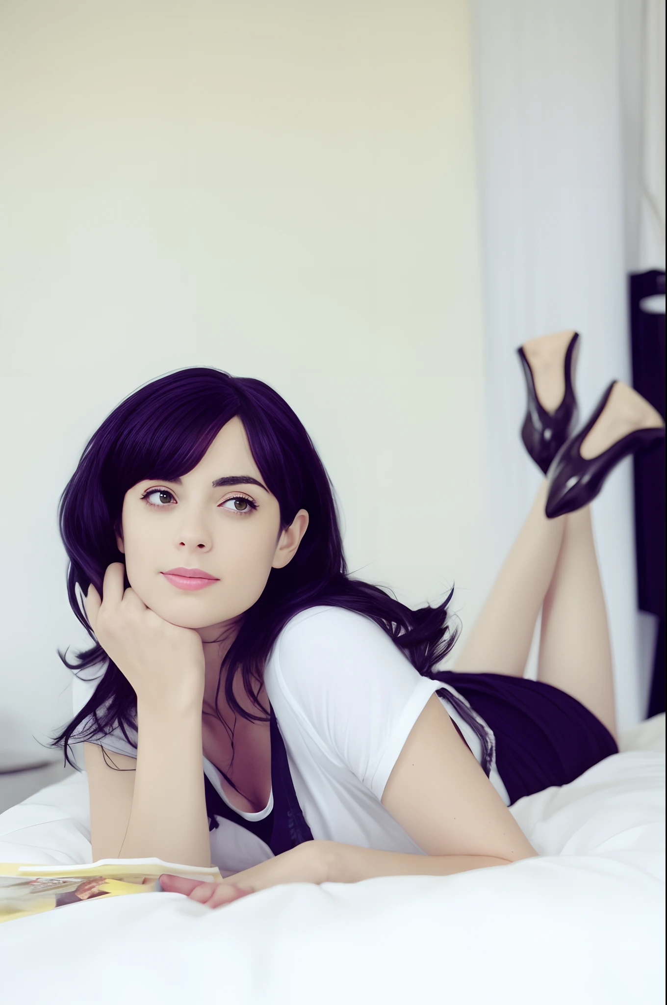 Mulher deitada em uma cama com as pernas cruzadas, Krysten Ritter, Ela tem cabelo preto com franja, cabelos pretos e olhos grandes, gorgeous female alison brie, Zooey Deschanel, cabelo preto e franja branca, She has black hair, beautiful alison brie magician, pale fair skin!!, Tiffany Dover, Retrato Anime Kaya Scodelario, Alison Brie