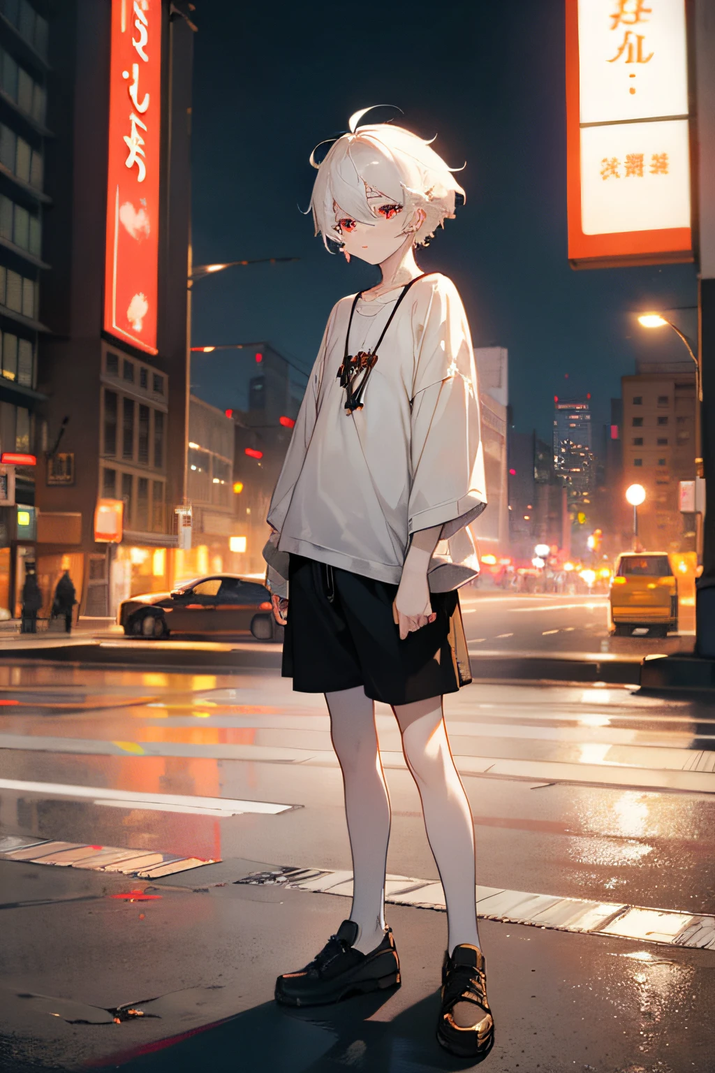 best quality, masterpiece, solo, male, boy, human, white hair, short hair, messy hair, crimson eyes, pale skin, cute, casual cute clothing, outside, night, full body, in the city, pouting