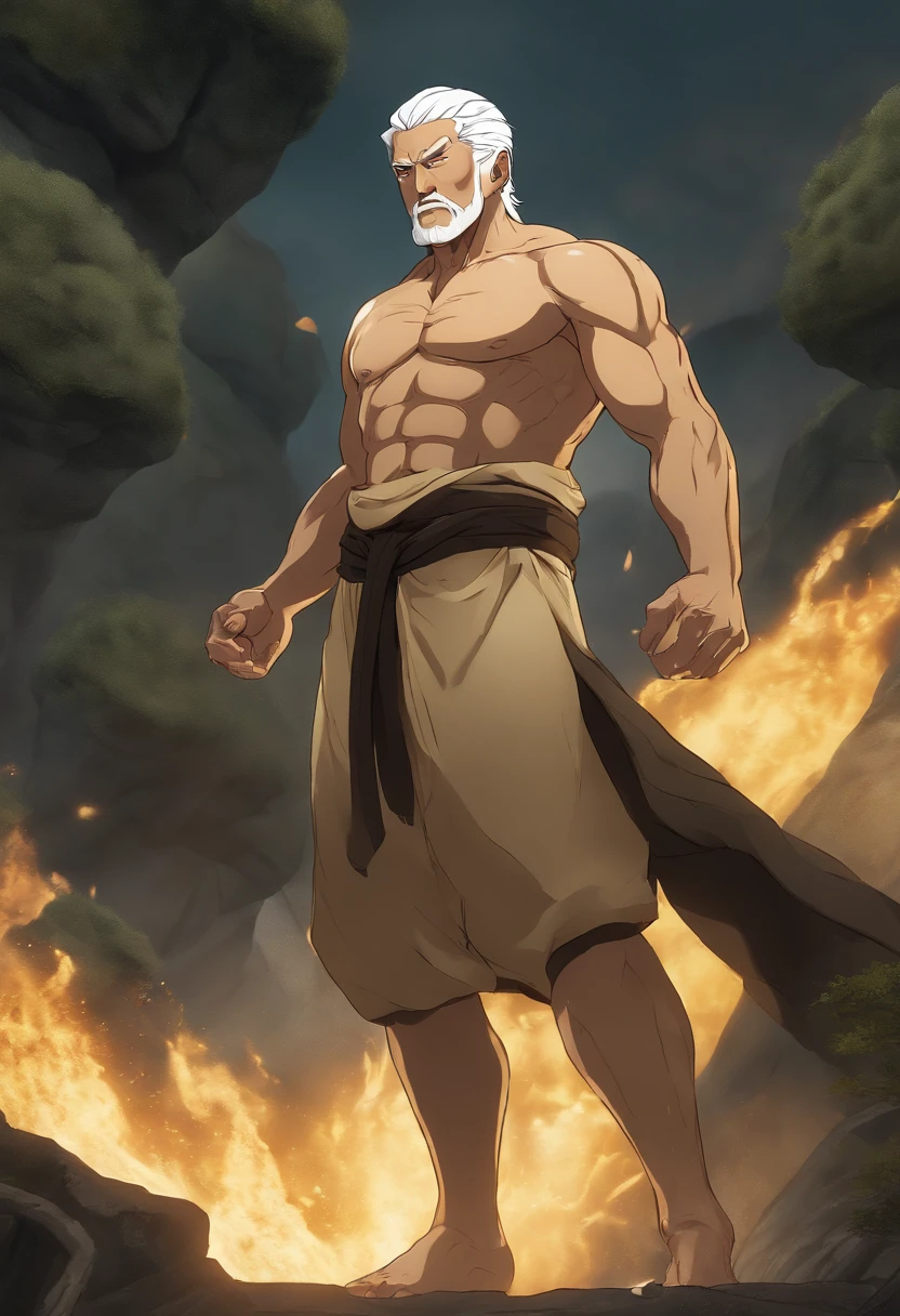 Depict the appearance of Isaac Netero, a white-haired old man, showing his muscular body that has been trained to the fullest and the overwhelming combat power that he possesses. He is surrounded by a golden aura. His expression is calm and composed, but sometimes he casts a stern gaze. The effect of his ability, "Hyakushiki Kannon," should be represented by giving him the presence of a giant Buddha statue with numerous hands. The background should depict a wasteland with traces of battles. Use high-quality graphics to create an anime-like image that is vivid in color and rich in detail.
