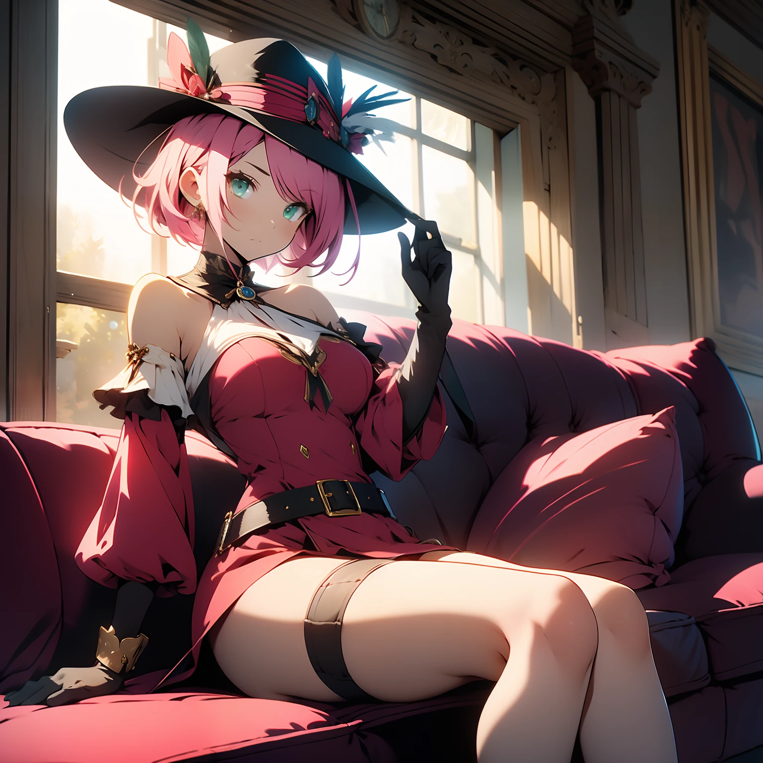 (masterpiece),best quality, cowboy shot, charlotte_genshin
expressive eyes, perfect face, 1girl, indoors, sitting on a couch, medium breasts, red clothes
 beautiful, gorgeous ,1girl, red hat, pink hair, gloves, bare shoulders, belt, green eyes,thigh strap, detached sleeves, white shirt, right eye monocle, short hair, jewelry,ribbon, hat feather, perfect legs, slender legs