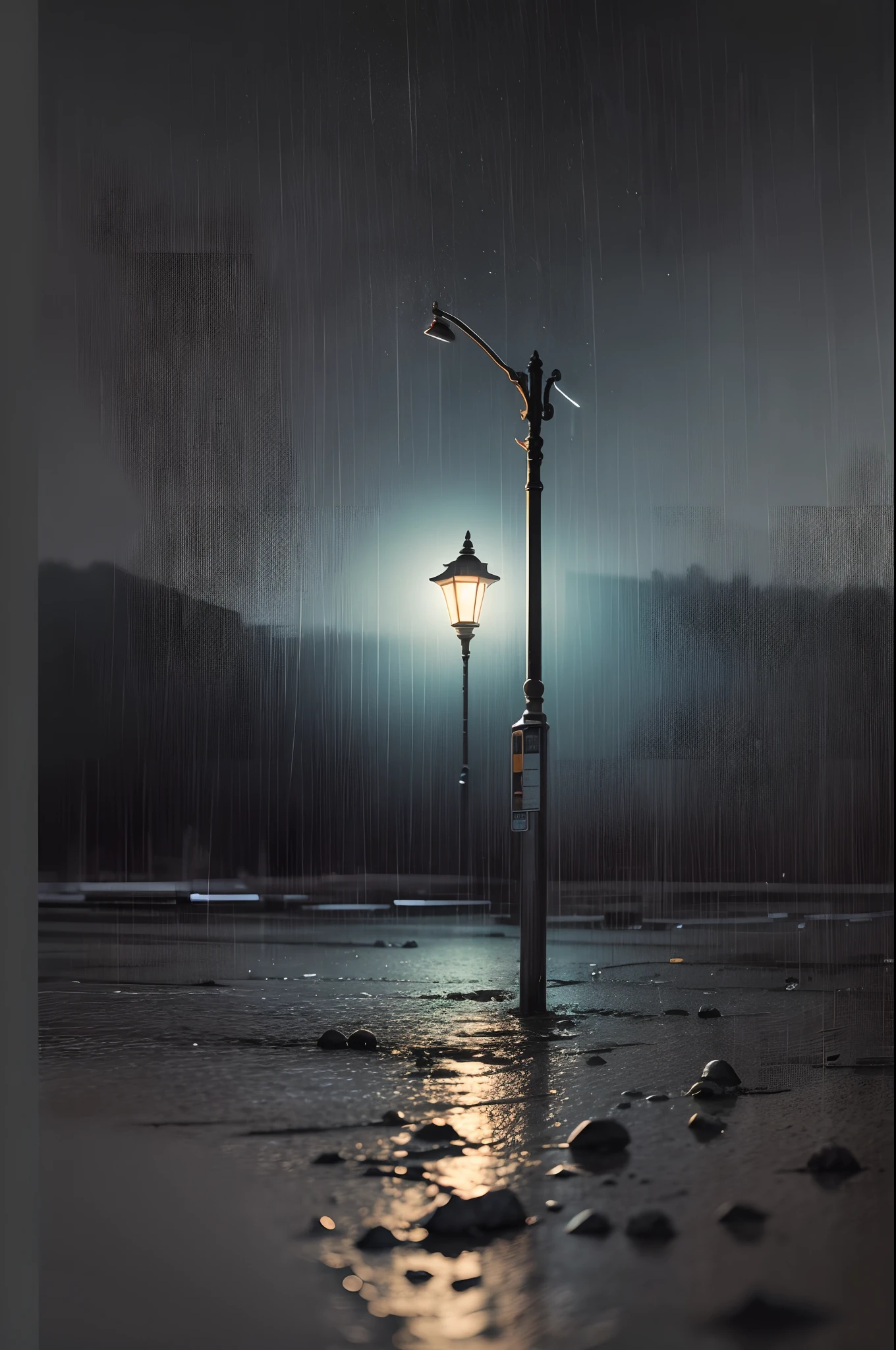 Loneliness in the middle of the night dark street light from the poles rain
