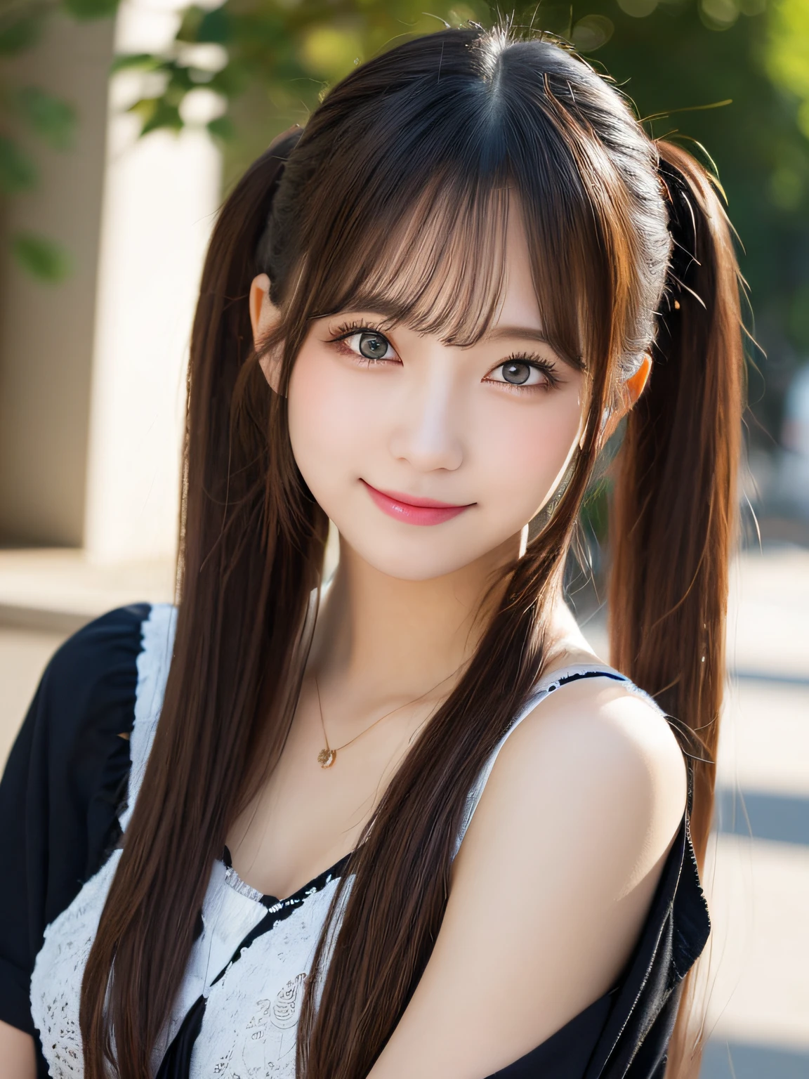 masutepiece, Best Quality, Illustration, Ultra-detailed, finely detail, hight resolution, 8K Wallpaper, Perfect dynamic composition, Beautiful detailed eyes, Women's Fashion,Natural Color Lip, twintails hair. Bold sexy poses,Smile,Harajuku、20 years girl、Cute、Sexy shot looking at camera,