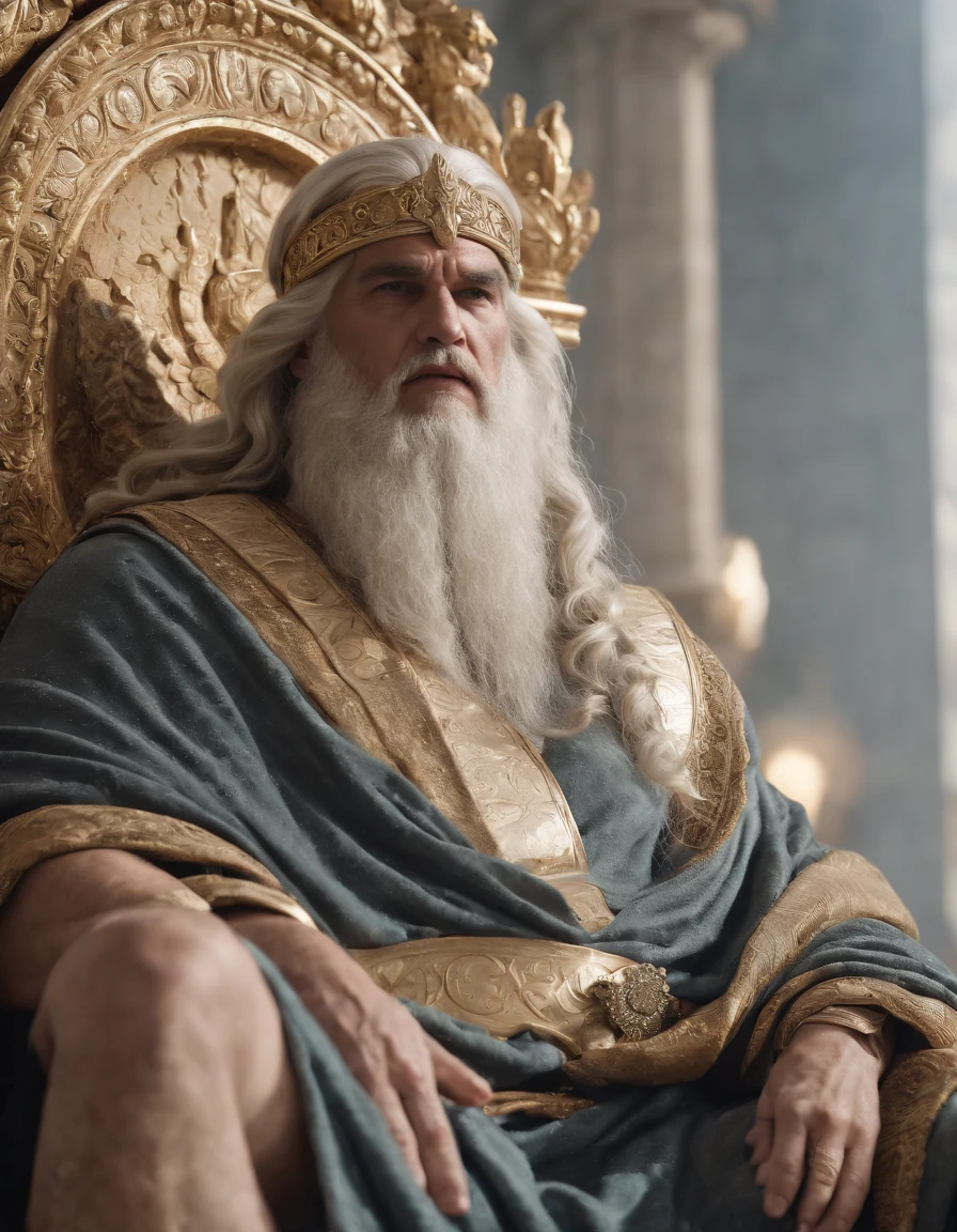 Zeus sitting on his throne in Olympus, ruler of the earth, portray his power and authority