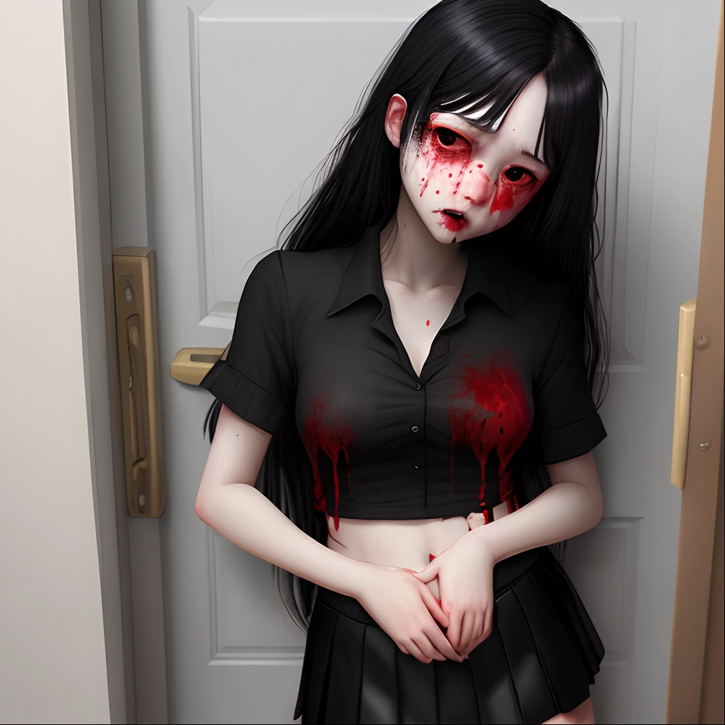 A very badly injured girl wearing a bloodied blouse and a black skirt, long black hair red eyes in front of an open door