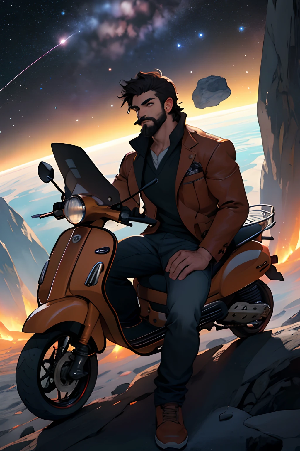 Draw a young programmer, sitting on a research platform floating in the middle of an asteroid belt. He is studying with a notebook, surrounded by several asteroids glowing with fiery auras. Dramatic lighting from distant stars and planets illuminates the scene, casting deep shadows on the suit. The young man looks confident and determined, looking at the vast and mysterious universe with wonder and respect,facial hair, cowboy shot, on motorcycle vespa vintage