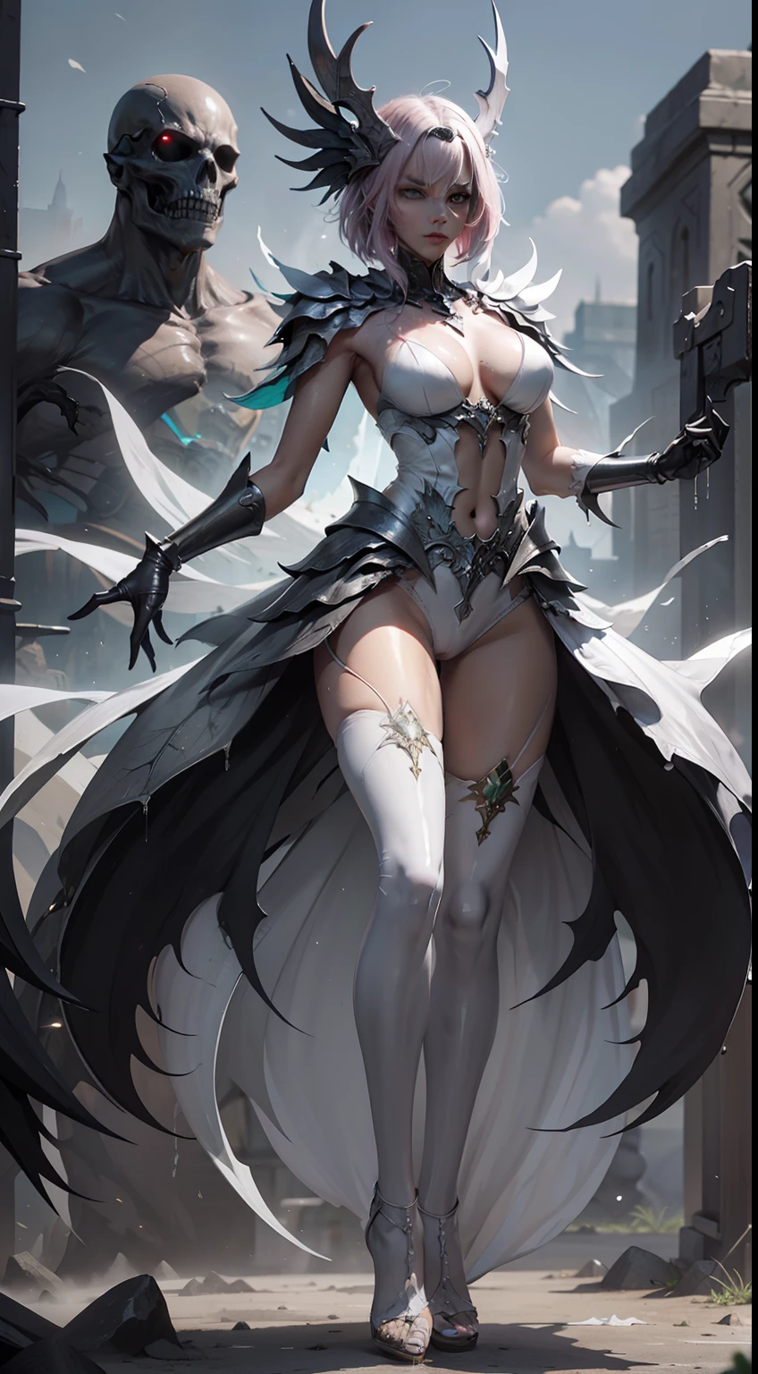 Full body like,(extremelydetailed8Kwallpaper),The terrifying necromancer in the shot,Ominous Shadows,Green smog,iintricate,high detal,dramatics,Full body like,camel-toe,Hollow-out on,sweat leggs,White liquid, Smooth pink skin, shiny metallic glossy skin, Shiny, spread their legs,angry look,white liquid all over body,Full body like,