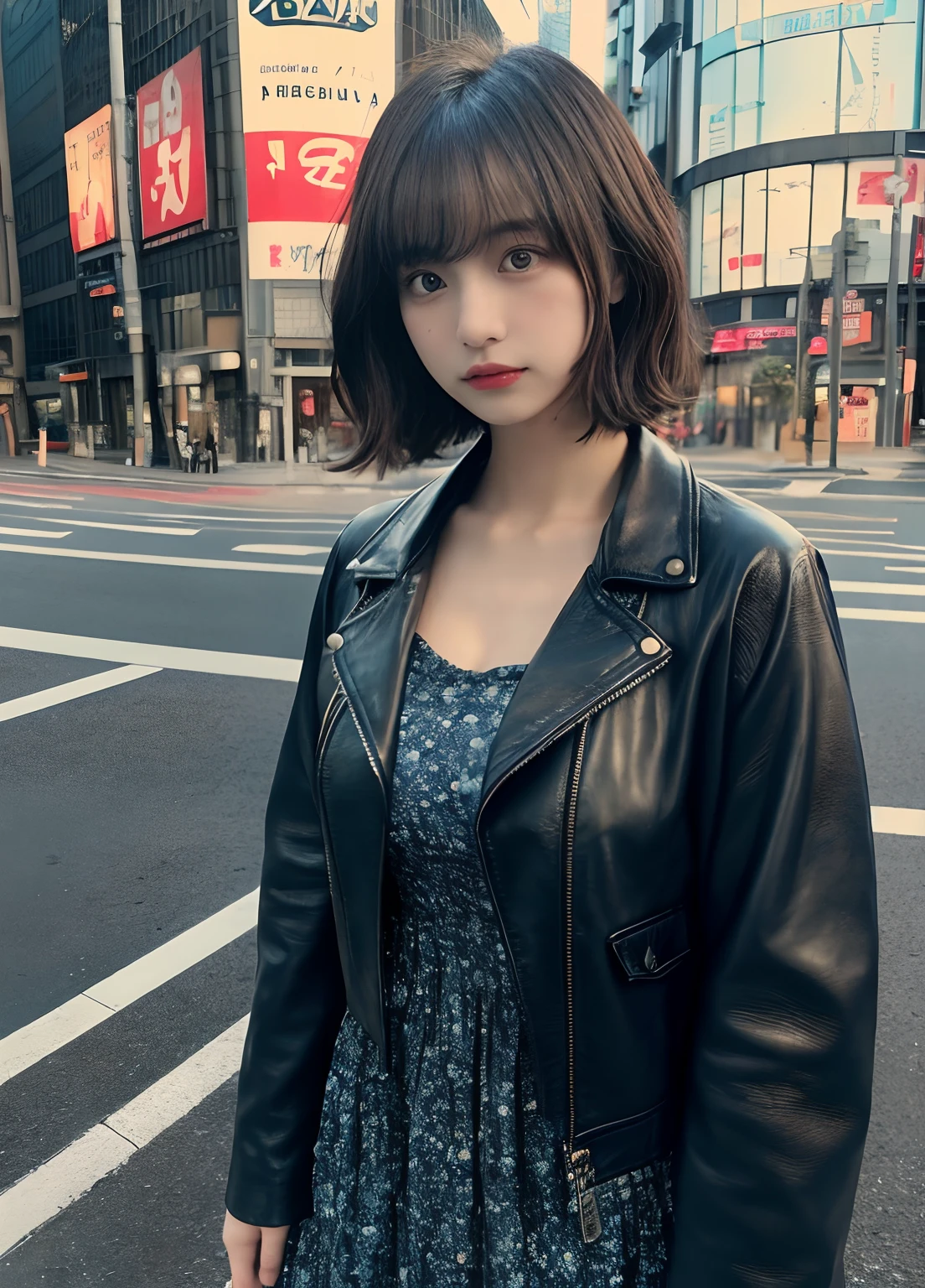 (delicate illustration:1.3),(masterpiece:1.0), (best quality:1.4), (ultra highres:1.2), (photorealistic:1.5), (cinematic),high contrast, bokeh, (hdr:1.4), dramatic lighting, sidelighting, (8k, RAW photo:1.2), (sharp focus:1.3), (((full body))),(film gain:0.9), (vhsbvideo:0.8), (analog film photography:0.8), lomography, HOLGA, HOLGA DIGITAL, BANZART ZIEGEL, Lomo LC-A 120, EKTACHROME E100,view from side,
break,
(23yo:1.4),(((1girl , dancing))),(wearing detailed dark-blue leather jacket on black chiffon tiered dress :1.3),((brown contacts, sweaty colored skin)) ,huge breast, cleavage, open mouth, bangs:1.5,airly wavy short bob cut, messy hair,woman,
break,
(((background is detailed shibuya street in tokyo, crouded, autumn,twilight ))),round face, (),no-makeup,beautiful detailed eyes, tareme, (small eyes),thin_eyebrows,(face focus), slim, slender waist, thin leg, converse sneakers, (japanese famous actress),(cute), (beautiful),eye bags,