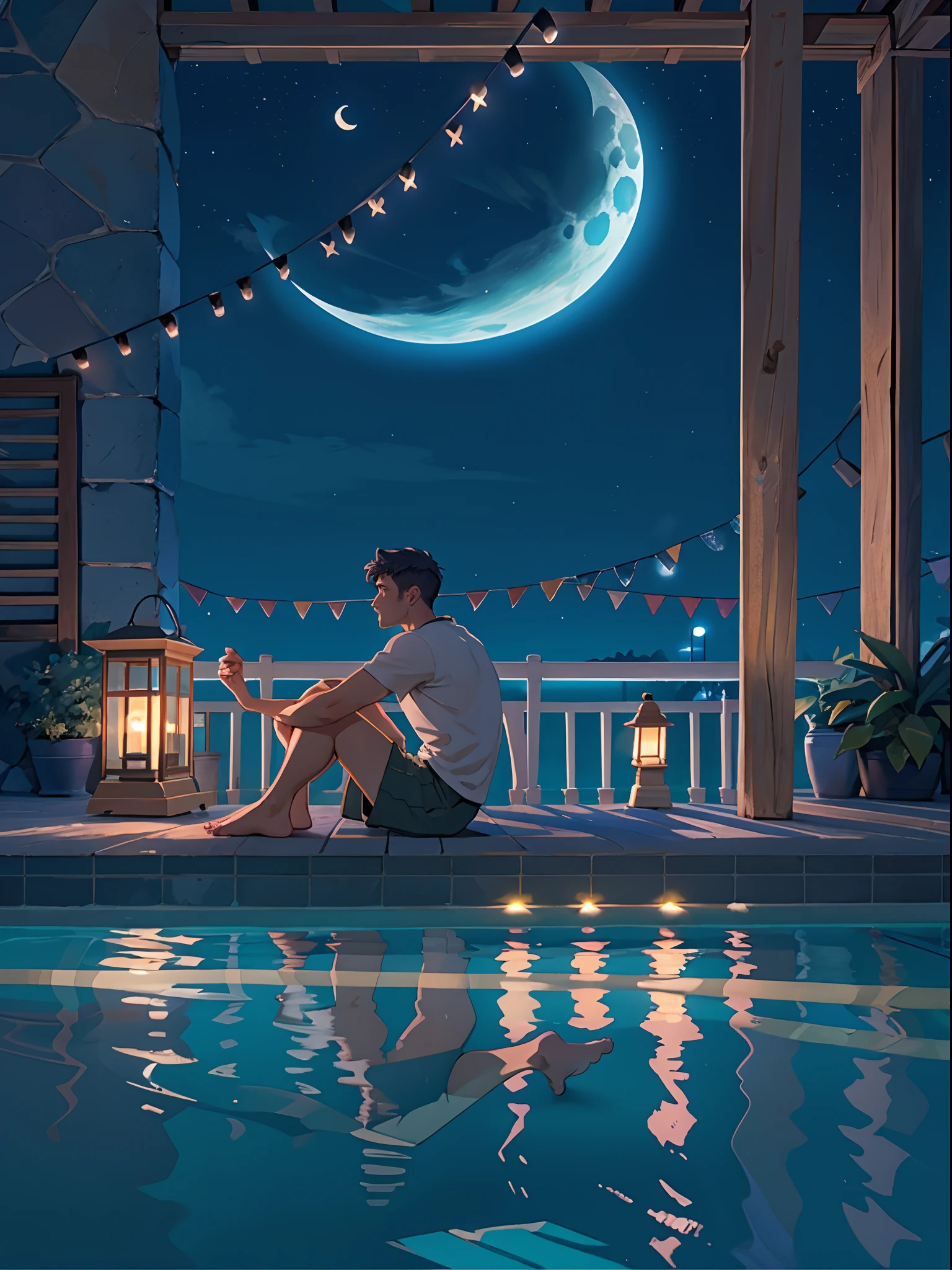 A man sitting near the swimming pool, wearing a long shorts, night light view, half moon, blue lights under the swimming pool, lantern lights, realisti