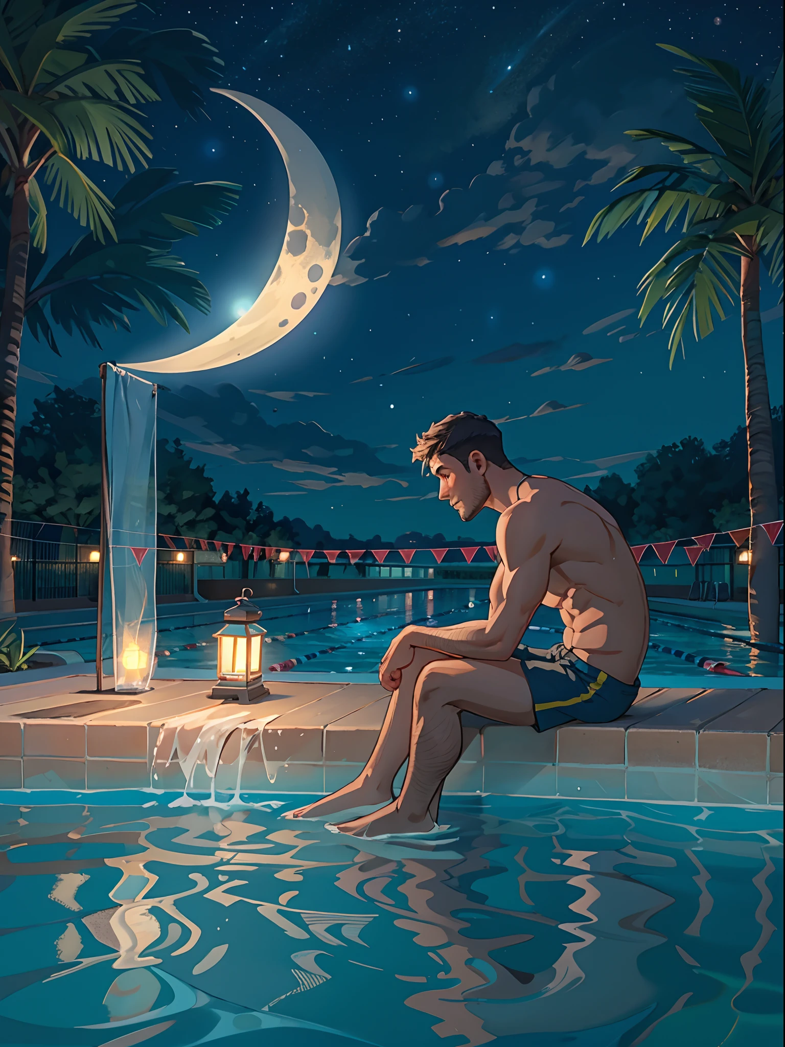 A man sitting near the swimming pool, wearing a long shorts, night light view, half moon, blue lights under the swimming pool, lantern lights, realisti