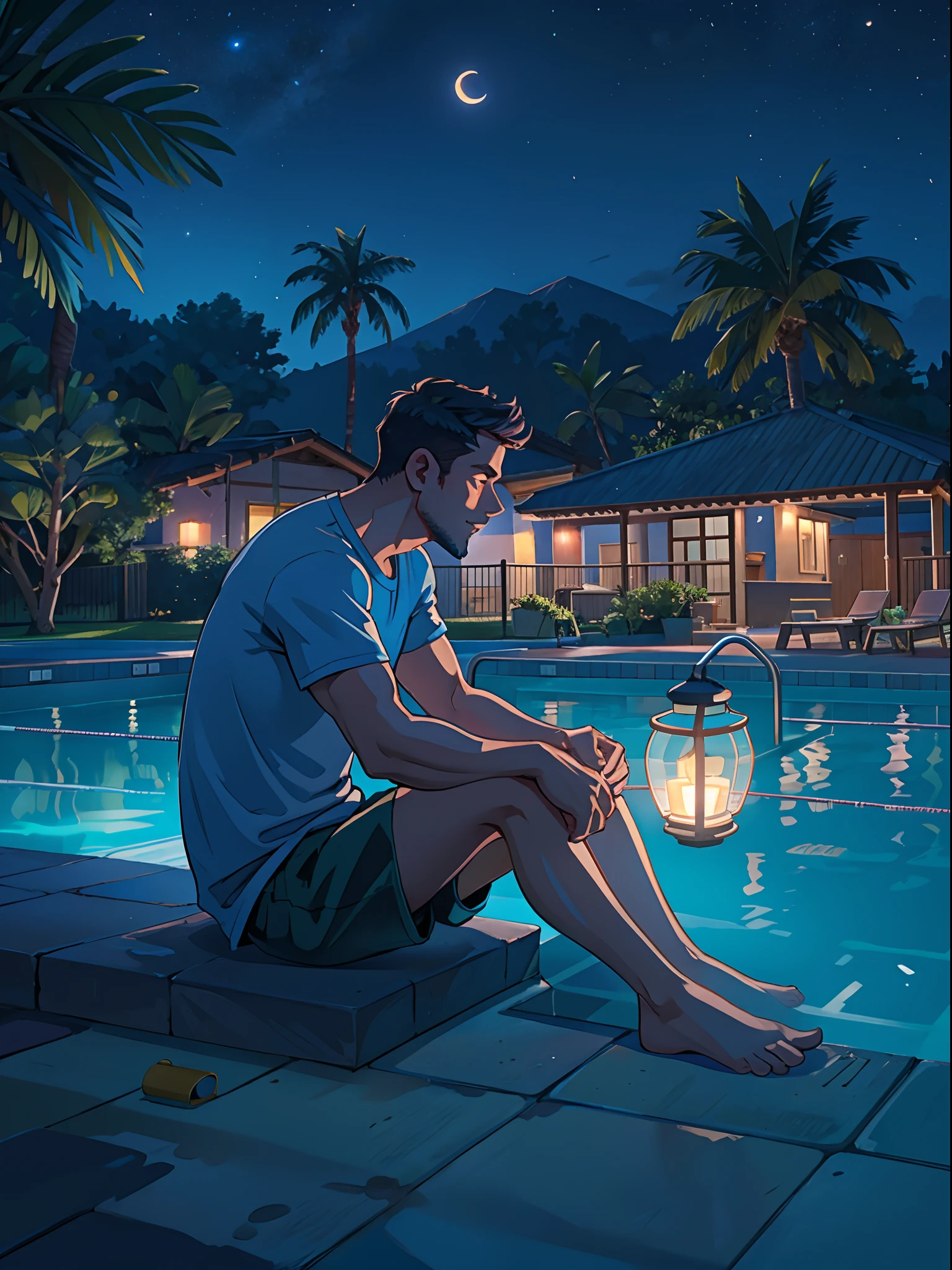 A man sitting near the swimming pool, wearing a long shorts, night light view, half moon, blue lights under the swimming pool, lantern lights, realisti