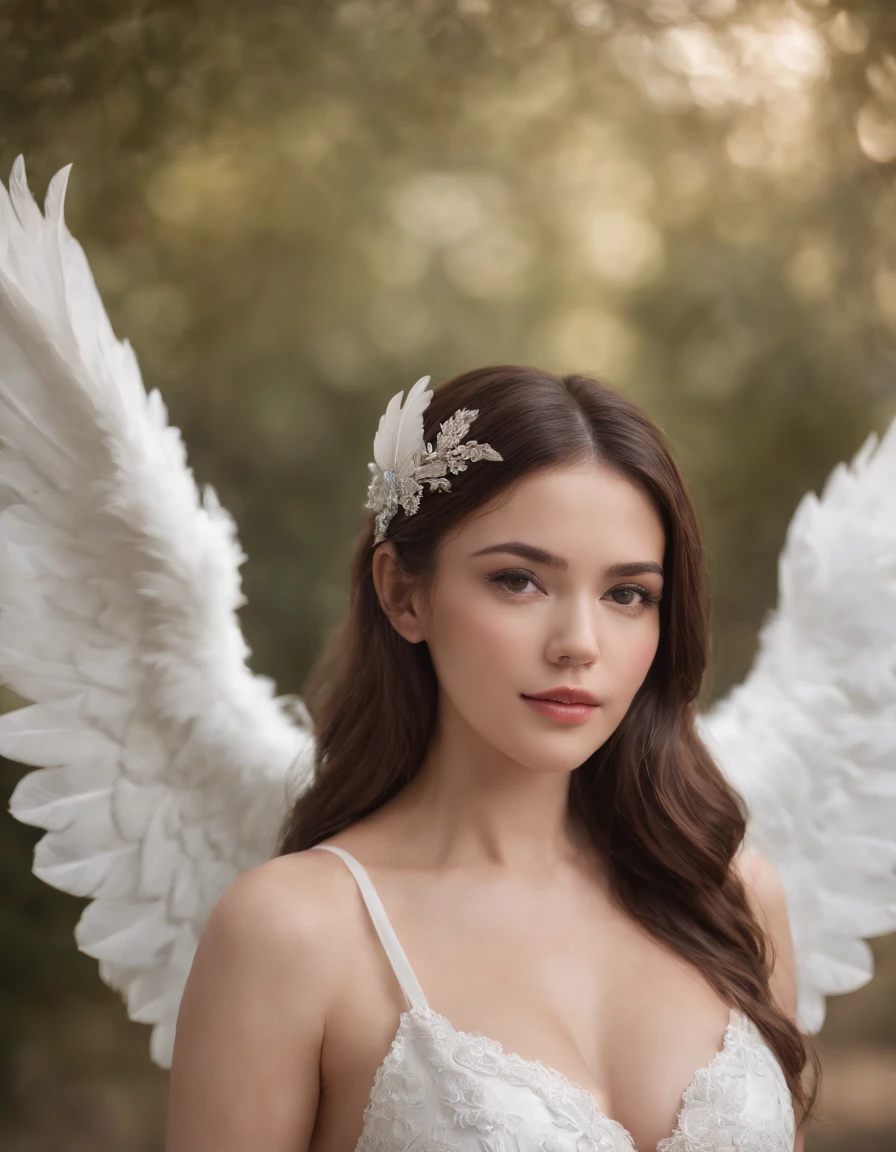 F cup busty gorgeous woman, dress like an angel, layered hair, wearing angel outfit, white wings, costume, Ultra-Realistic. Ultra-Detailed. Ultra-Sharp Hi-Res. 8K. Photography. Stand pose, cowboy shot, amazing background, night, dark portrait, captured by fujifilm XT3, Zeiss lenses