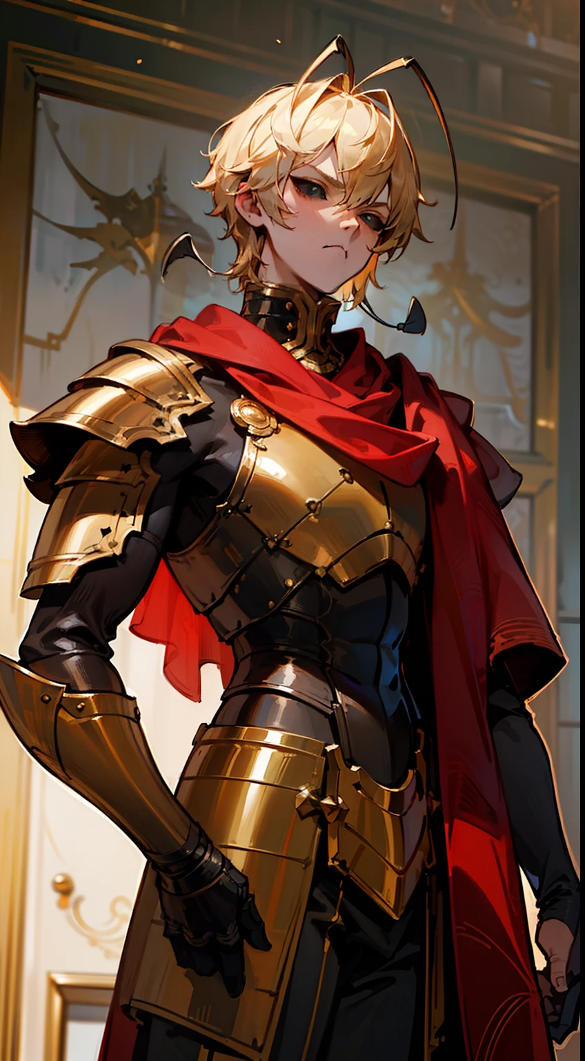 (Original Character,8k, Masterpiece, Best Quality,Detailed, Beautiful Detailed Eyes, solo),1boy,tall,fine skin,cowboy shot,(black eyes),black sclera,blonde hair,short hair,(((hair 2antennas)))(gold armor),red cape,standing in room in castle,serious face,