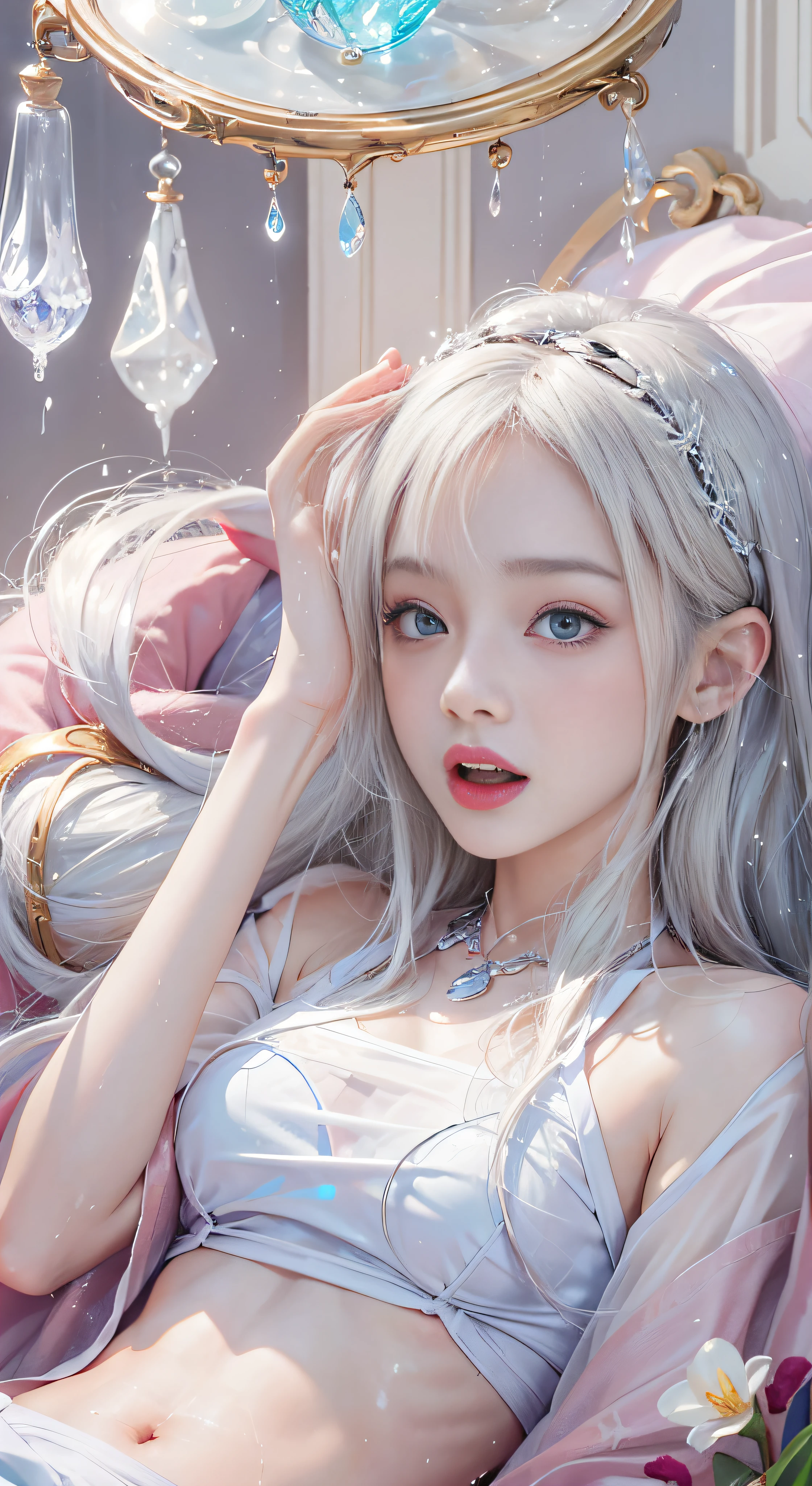 （Girl lying in bed）、porate、bright expression、young and shiny white shiny skin、Best Looks、ultimate beauty girl、The most beautiful platinum blonde hair in the world、Shiny light hair,、Super long silky straight hair、Beautiful bangs that shine、Sparkling crystal clear and charming blue eyes、Medium bust、（（Hide with both hands,））CU、Beautiful blue eyes that shine、whaite hair、silber hair、((Beautiful breasts :1.1)), (Exposed breasts）0p、mix４, (Best Illustration: 1.1), (Best shadow: 1.1), Tongue stock、Vaginal orchids、Runny vaginal discharge、blowing tides、Very beautiful breasts、Grasp your breasts with both hands、 Spread your legs、sexual excitement、sexual expressio、shiny skins。hentail realism、Photorealsitic:1.37)、(Kpop idol)、lie on one's side、messy  hair、Medium hair、(Pink blush)、(illuminating)、[[Open legs、Spread your legs apart]]、(独奏)、dynamicposes、((The erection))、(Puffy eyes:1.２)、 (Slim legs)、erotick、NFFSW、Highly detailed ambient occlusion、超A high resolution, ultra-realistic realism, Highly detailed, (Yawning), (((exhibitionism))), ((she is soaking wet)).Photo