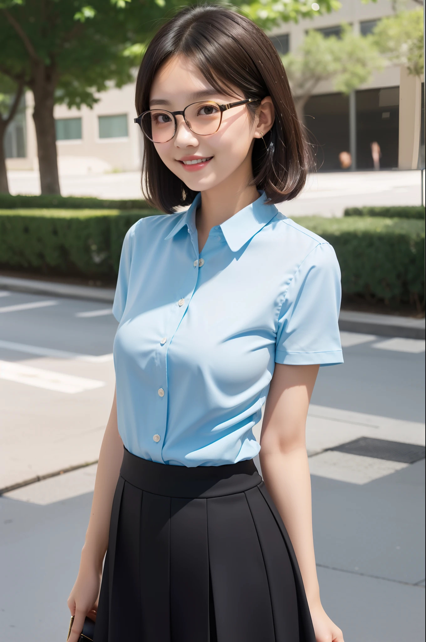 (masutepiece, Best Quality, Capture super cute moments, depth of fields, ultra-detailliert, Ultra High Resolution, C4D, Octadale, 3D Modeling, 8K, 16 K, one girls、a 、A dark-haired、short-hair、straight haired、Light brown eyes,hair adornments、wearing black glasses、A smile)、Slender body、small tits、Officelady、Light blue blouse、tight skirts
