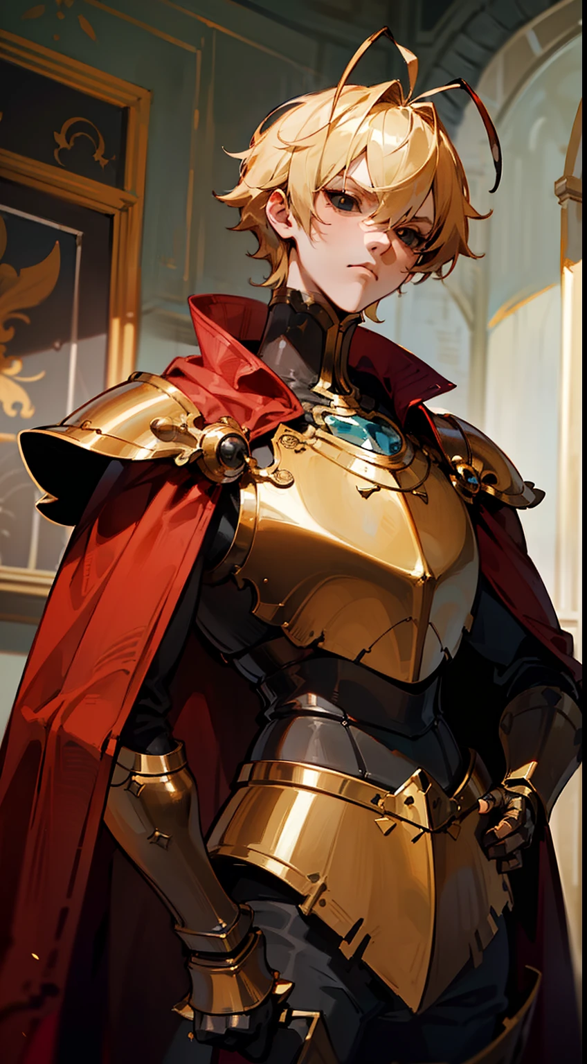 (Original Character,8k, Masterpiece, Best Quality,Detailed, Beautiful Detailed Eyes, solo),1boy,tall,fine skin,cowboy shot,(black eyes),black sclera,blonde hair,short hair,(((hair 2antennas)))(gold armor),red cape,standing in room in castle,serious face,