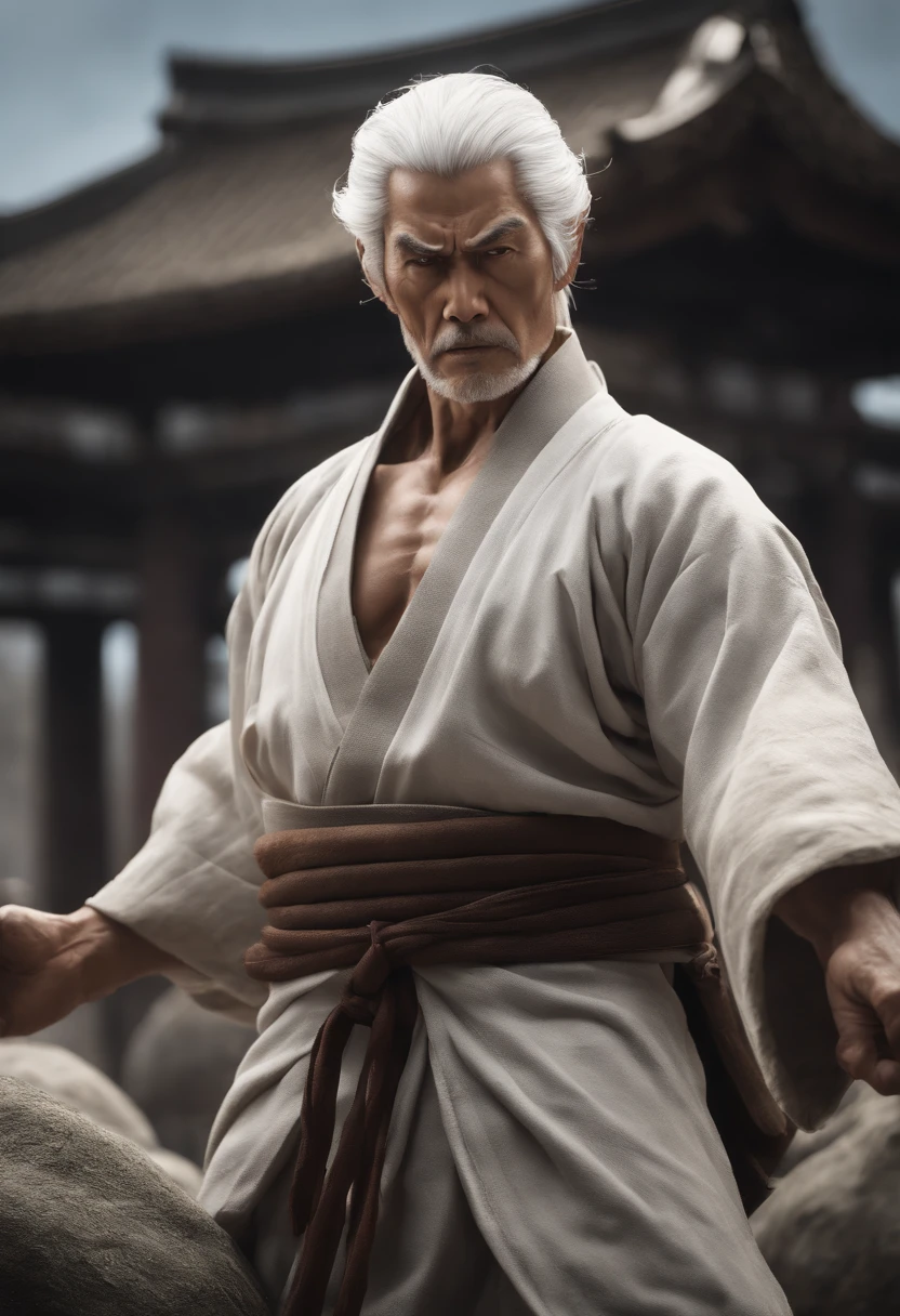 Depict the appearance of Isaac Netero, an elderly man with white hair. Emphasize his muscular body that has been trained to the limit, conveying his overwhelming combat power. Show his calm and collected expression, but also his stern gaze at times. Express the effect of his ability "Hyakushiki Kannon," giving him the presence of a giant statue with numerous arms. In the background, illustrate a wasteland with traces of battles that have taken place.