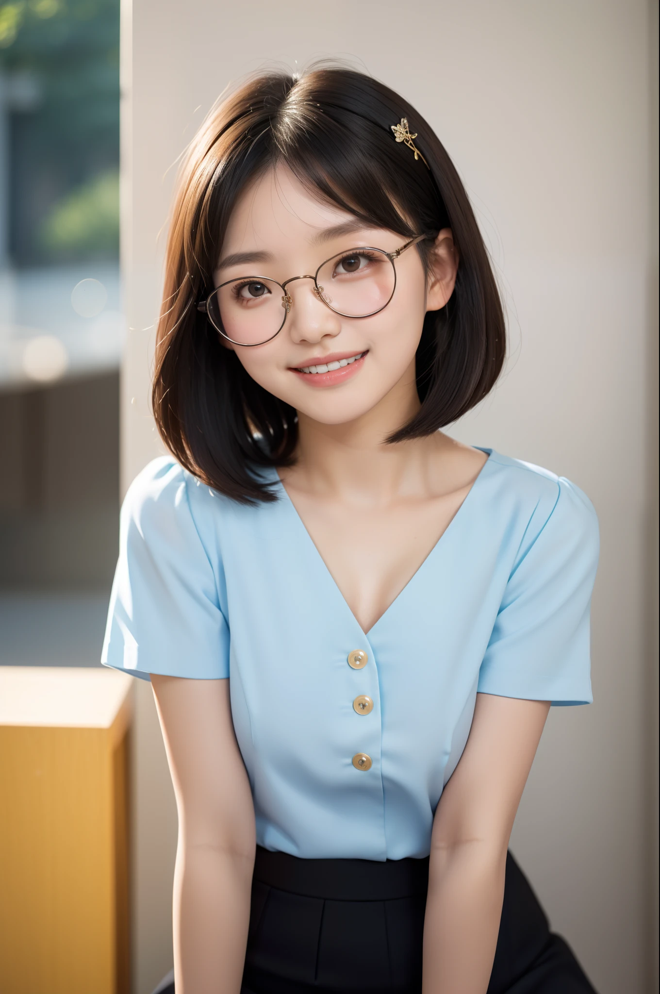 (masutepiece, Best Quality, Capture super cute moments, depth of fields, ultra-detailliert, Ultra High Resolution, C4D, Octadale, 3D Modeling, 8K, 16 K, one girls、a junior high school student、A dark-haired、short-hair、straight haired、Light brown eyes,hair adornments、wearing black glasses、A smile)、Slender body、small tits、Officelady、Blouse、tight skirts