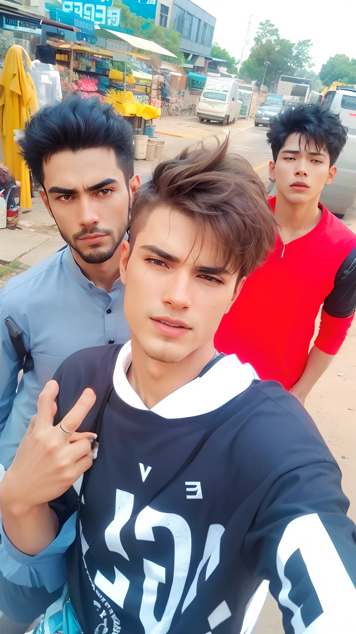 3 boy with a car drink red Vine Street futuris tic background realistic 8k ultra realistic
