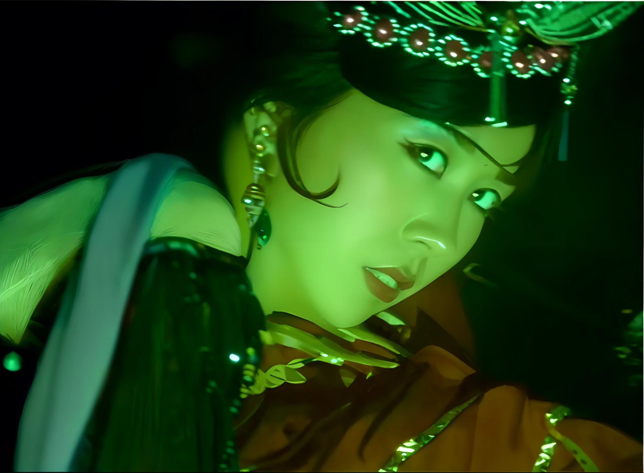 Wearing a black belly dance costume,Vixen in green headdress, Bare back,Extra-long nails,Young woman , Heavy makeup,Seduce men,Sexy and charming, 8 0 s asian neon still, Supervillain, movieen shot, fantasy movie stilreenshots from movies