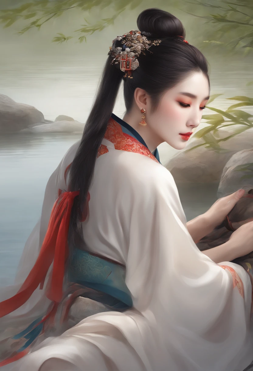 A man sleeping by the river,chineseidol,Hanfu,hair-bun,Traditional Chinese painting,