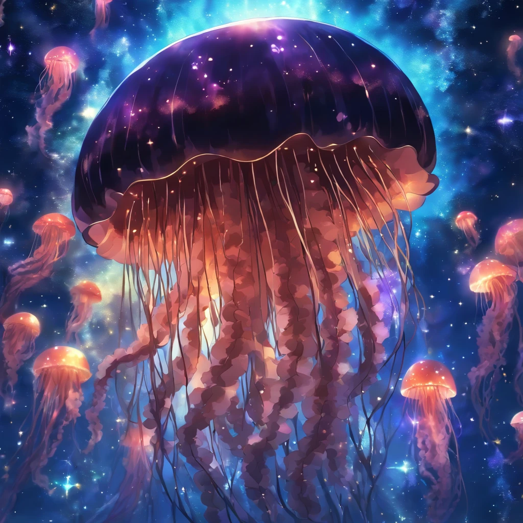 Black velvet Jellyfish, soft and fuzzy, black deep rich brown and golden tendrils, floating in a sea of glowing stars, masterpiece, best quality