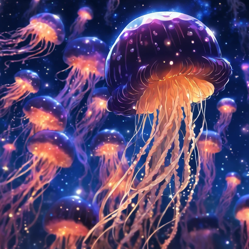 Black velvet Jellyfish, soft and fuzzy, black deep rich brown and golden tendrils, floating in a sea of glowing stars, masterpiece, best quality