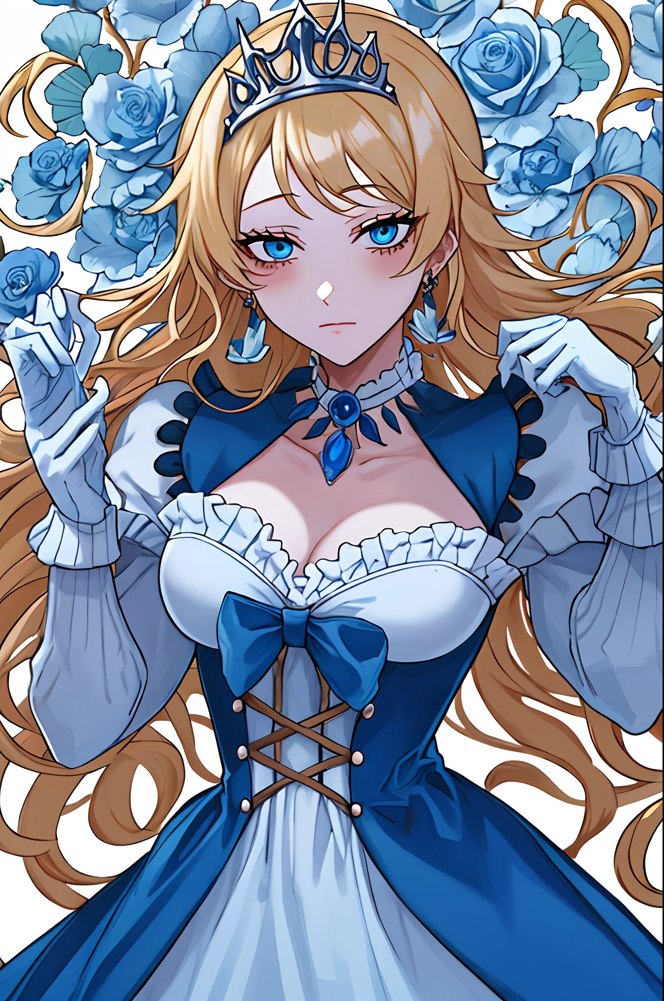 shoujo style, floral background, romance manhwa, 1girl, blonde hair, solo, long hair, flower, dress, tiara, white dress, gloves, long sleeves, choker, blue eyes, white gloves, blue bow, blue flower, wavy hair, bow, jewelry, looking at viewer, white background, cleavage, collarbone, puffy sleeves, silver armor, upper body, parted bangs, very long hair, blue dress, frills, bangs, cowboy shot, dynamic pose, dynamic angle, dynamic cut