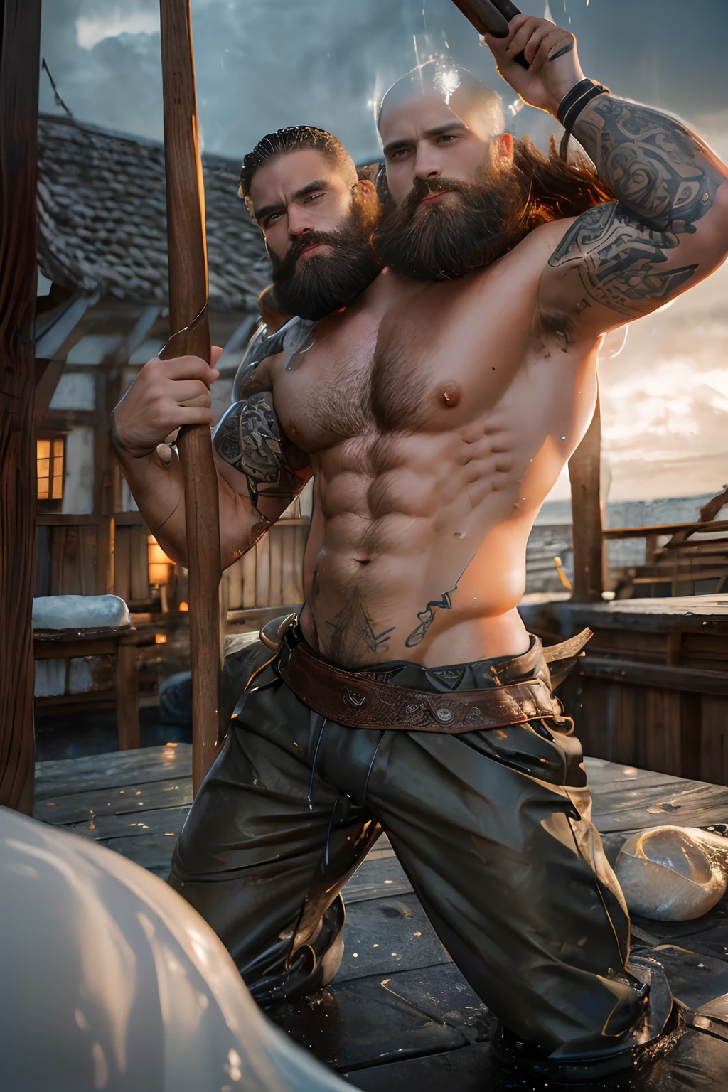 (((2heads))),a viking, 35 year old man,(big bulge:1.1),fit,beautiful face, buzz cut, (very thick beard:1.3), tattoos,detailed blue eyes, sexy viking attire,  unathletic,big butt, very wide shoulders, wet, drenched:1.3, massive big bulge in crotch, dripping gooey white slime on skin,oiled skin, wet skin, very pale,auburn hair s, black hair,brown hair,unathletic, outside on a viking ship, stormy weather, at dusk, serious,full body, realistic, detailed,oiled skin, glistening skin, gooey translucent white slime on face , gooey translucent white slime on chest, gooey translucent white slime on clothes, holding a weapon