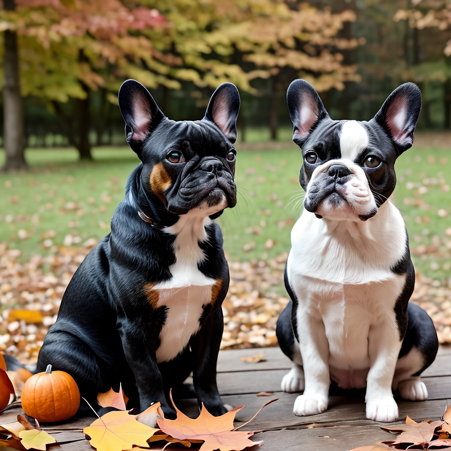 calico cat（Estimated 1 ）and French Bulldog（Estimated 3 years olthem、Autumn outdoors