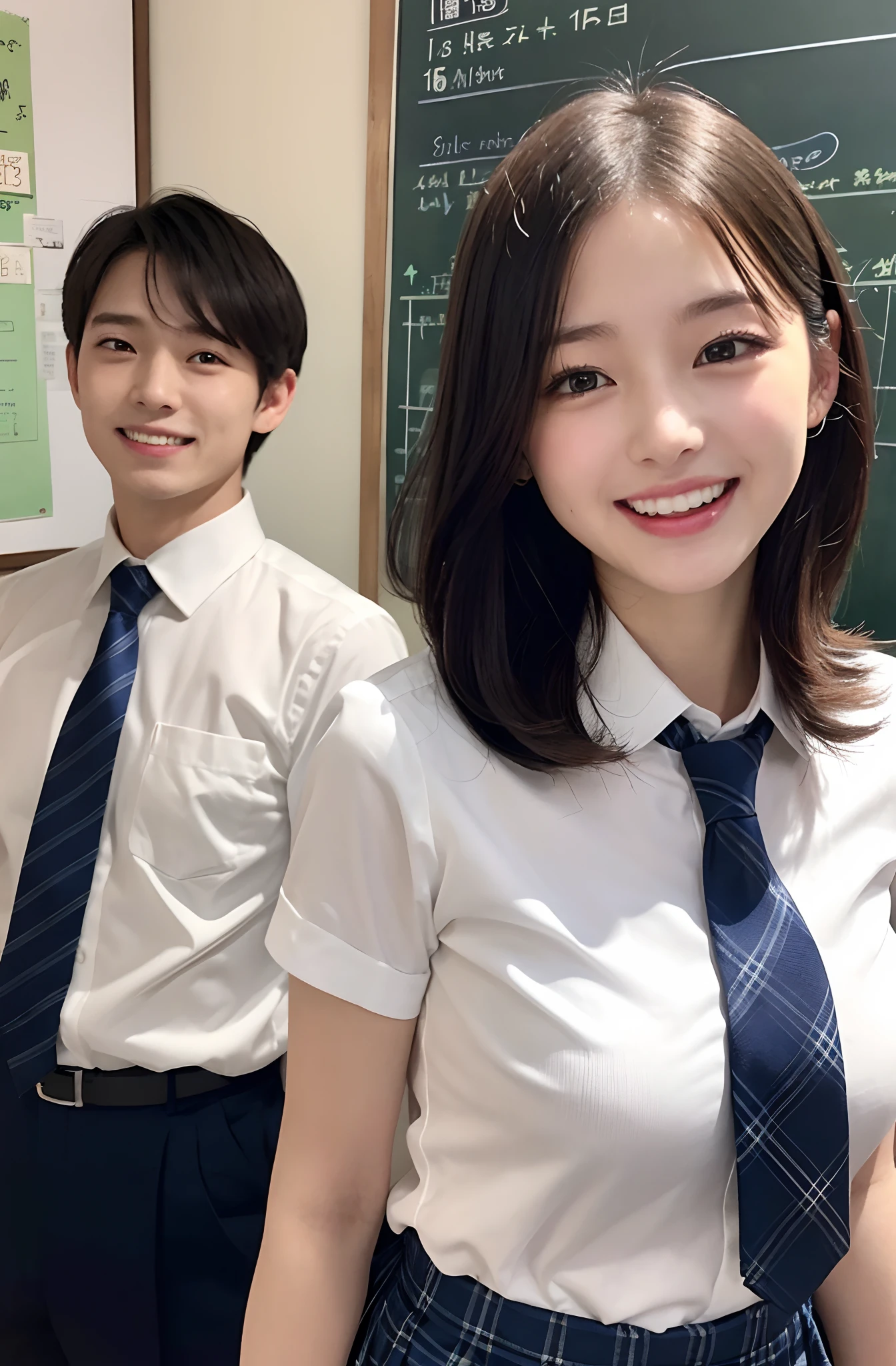 two kids, During class, school, one boy one girl, Desk, note, writing, sitting, high detailed real face, smile, beautiful skin, high detailed skin, beautiful eyes, high detailed finger, high detailed hand, masterpiece,