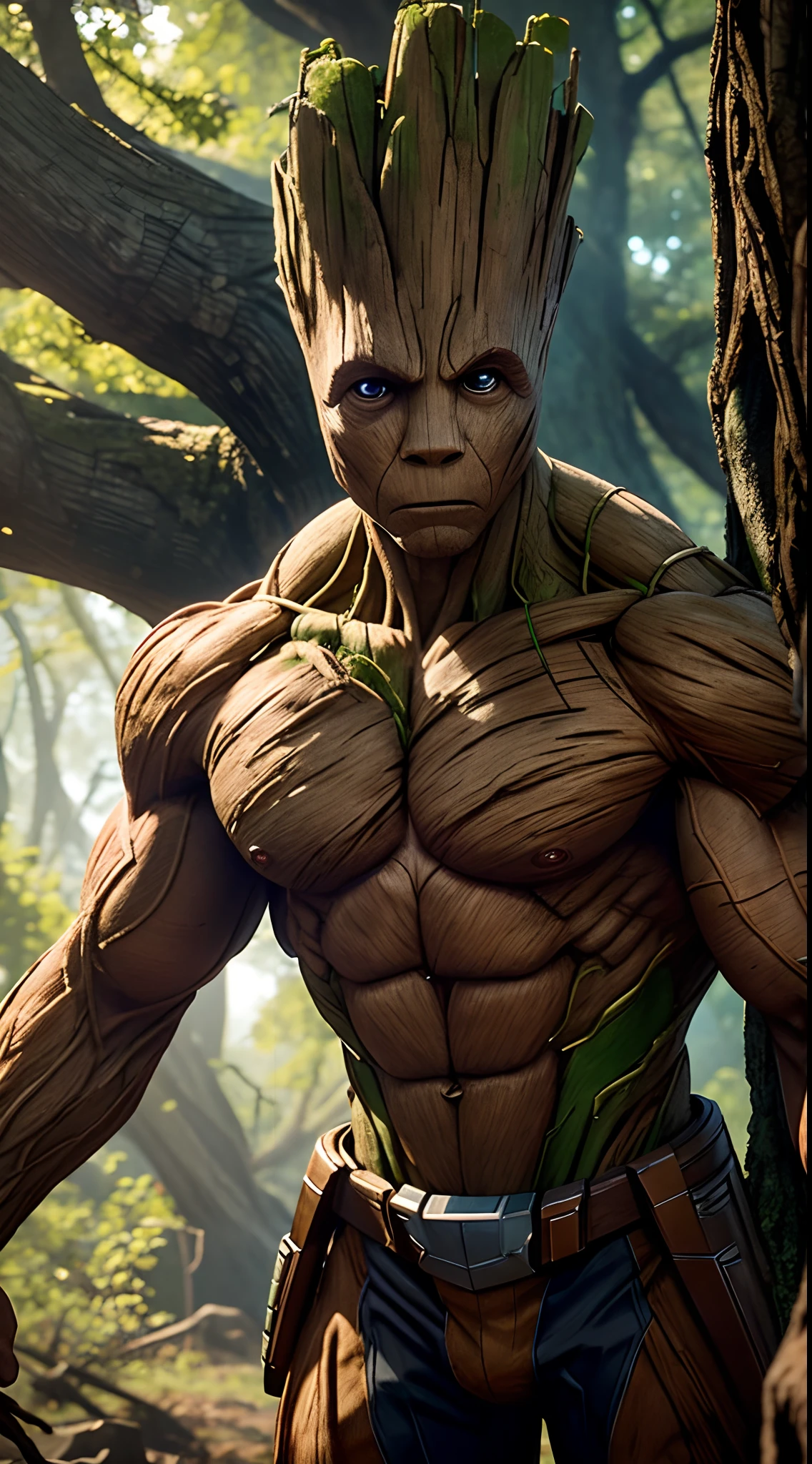 Groot guardians of the galaxy Marvel, tree body, Bodybuilder, super strong, muscular, ABS, 35mm lens, photography, ultra details, HDR, UHD,8K