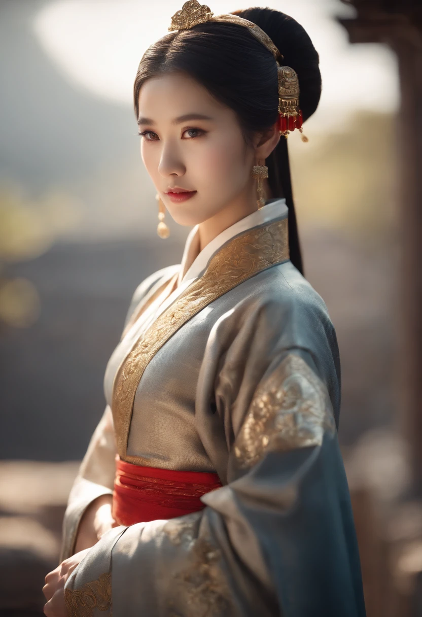 A girl, ancient Chinese costume, whole body, sunshine, clear face, clean white background, masterpiece, super detail, epic composition, ultra HD, high quality, extremely detailed, official art, uniform 8k wallpaper, super detail, 32k -- v 6