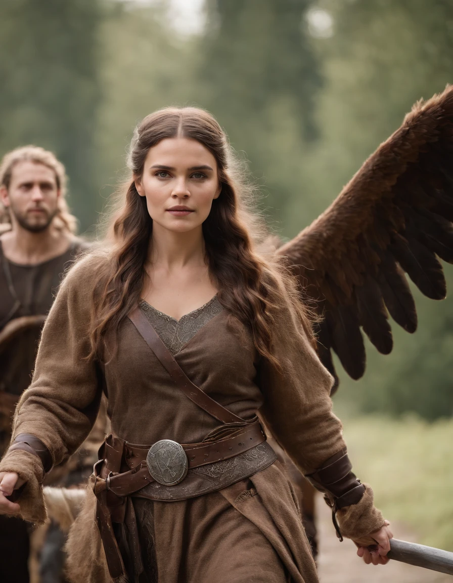 a catwalk fashion show full of people a viking woman wearing viking outfit paired with wings walking on it, cowboy shoot angle, cinematic lighting, focused on frame, taken by Sony A7RIV. ISO 100, aperture f/2, shutter speed 1/500