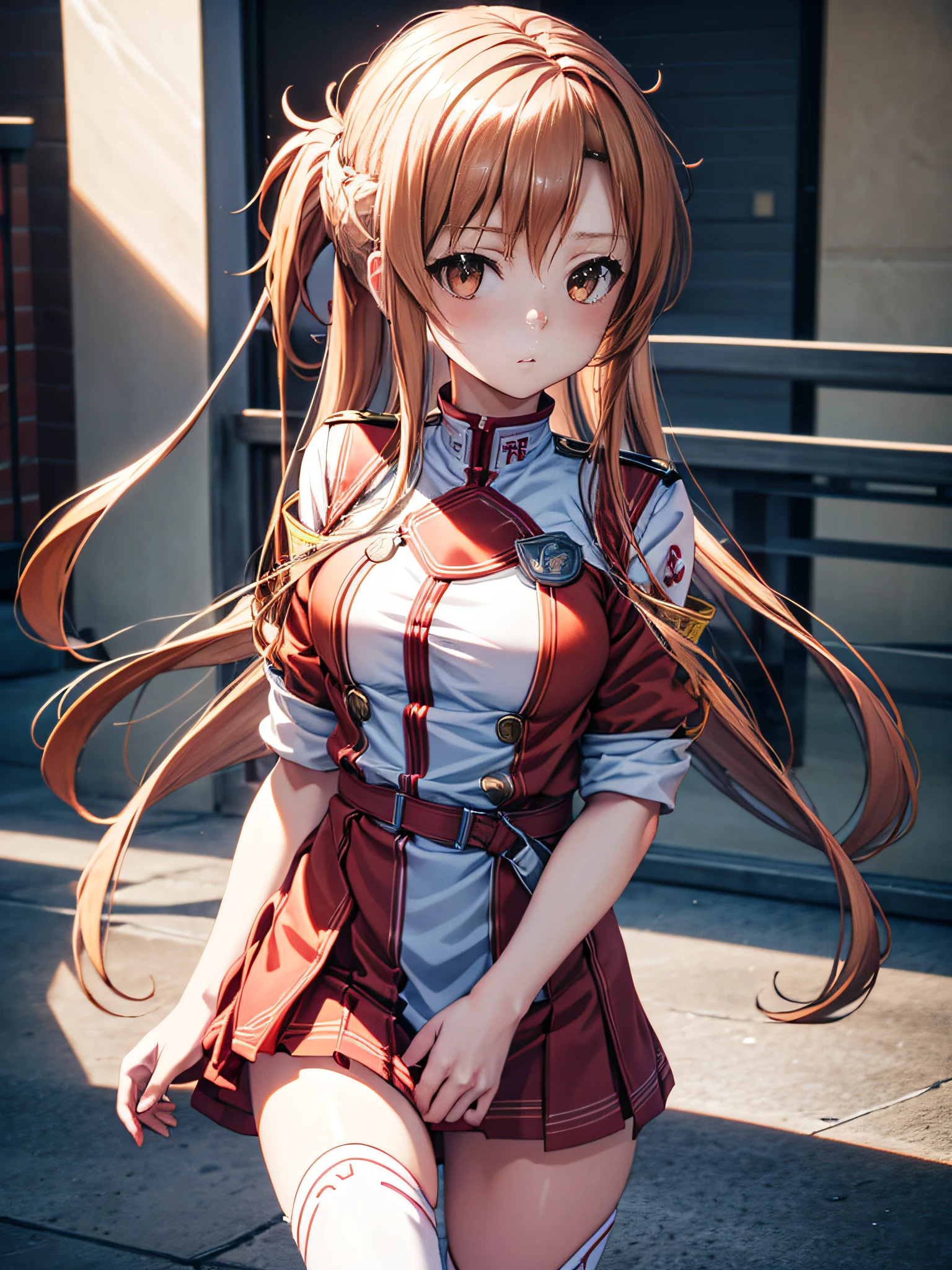 white backgrounid、Kawaii Girl,   Realistic portrayal,   High school students, White and red uniform,realisitic、a picture、(Best Quality,8ＫImagen,High resolution:1.2),Intricately detailed,[3D images:1.35]、[[In high-quality anime、Cute Asuna with brown hair and brown eyes:1.15]],Ultra-detailed, Long straight hair, poneyTail、