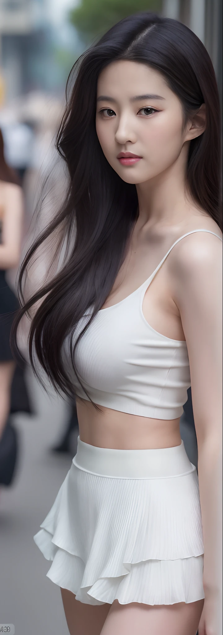 ((Best quality, 8K, yes, Masterpiece :1.3)), Sharp focus :1.2, perfect figure beautiful woman:1.4, Slim abs:1.2, ((Layered Hair Style, huge tit:1.2)), (Tank top shirt:1.1 ), (the street:1.2), Highly detailed facial and skin texture, A detailed eye, 二重まぶた， seductiv，The kinky is exposed，Superskirt，Raised sexy，misseve，long whitr hair，Skirt that wraps hips，Big leakage point， High-definition facial features，8K