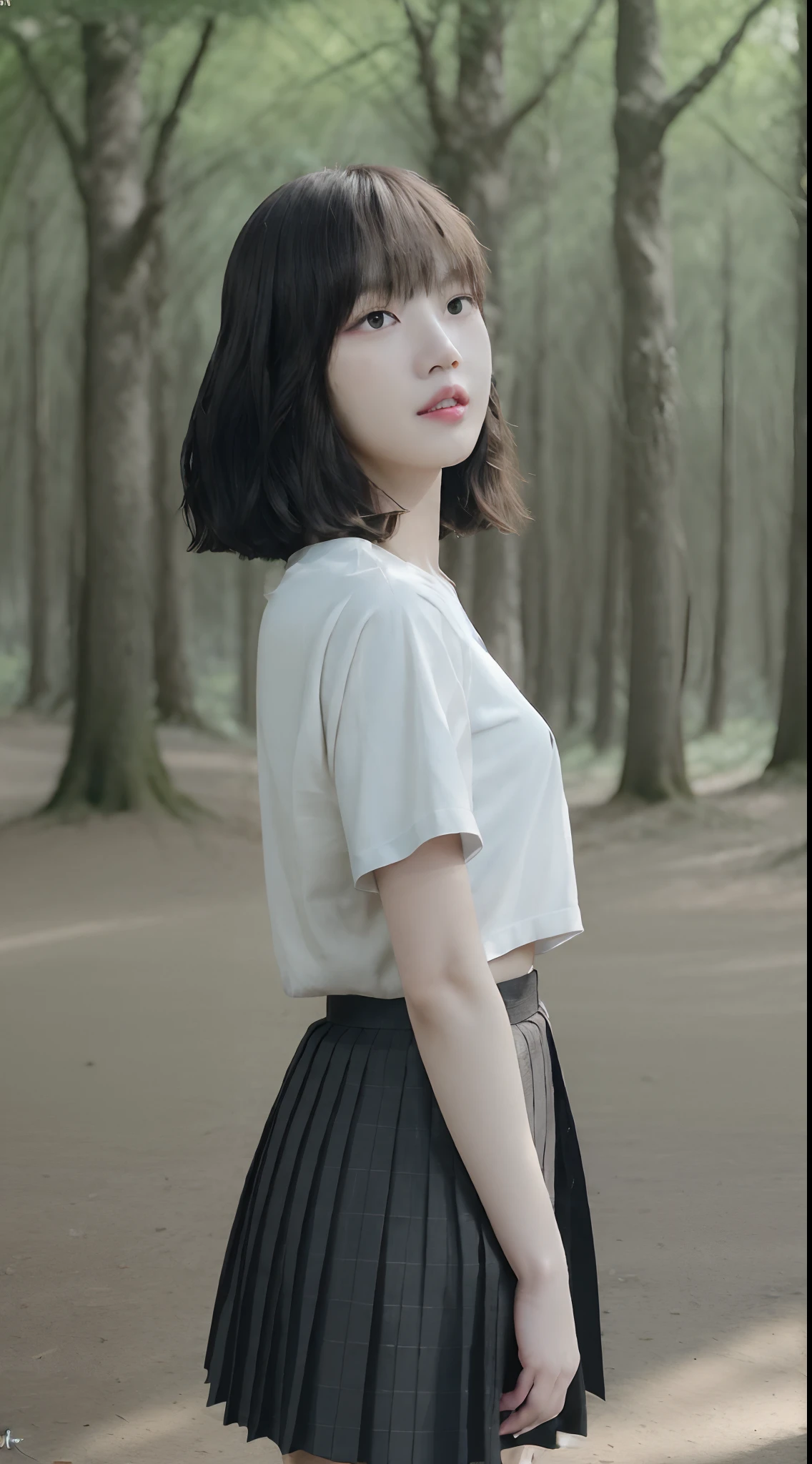 ((Lisa from Blackpink)), t-shirt, tiny pleated skirt, waist-high black tights, high heels, close-up of face, full body shot, very fair skin, short hair, wavy hair, camp, forest, photorealistic , indirect lighting, volumetric light, ray tracing, hyper-detailed, best quality, high resolution, HDR, 8k