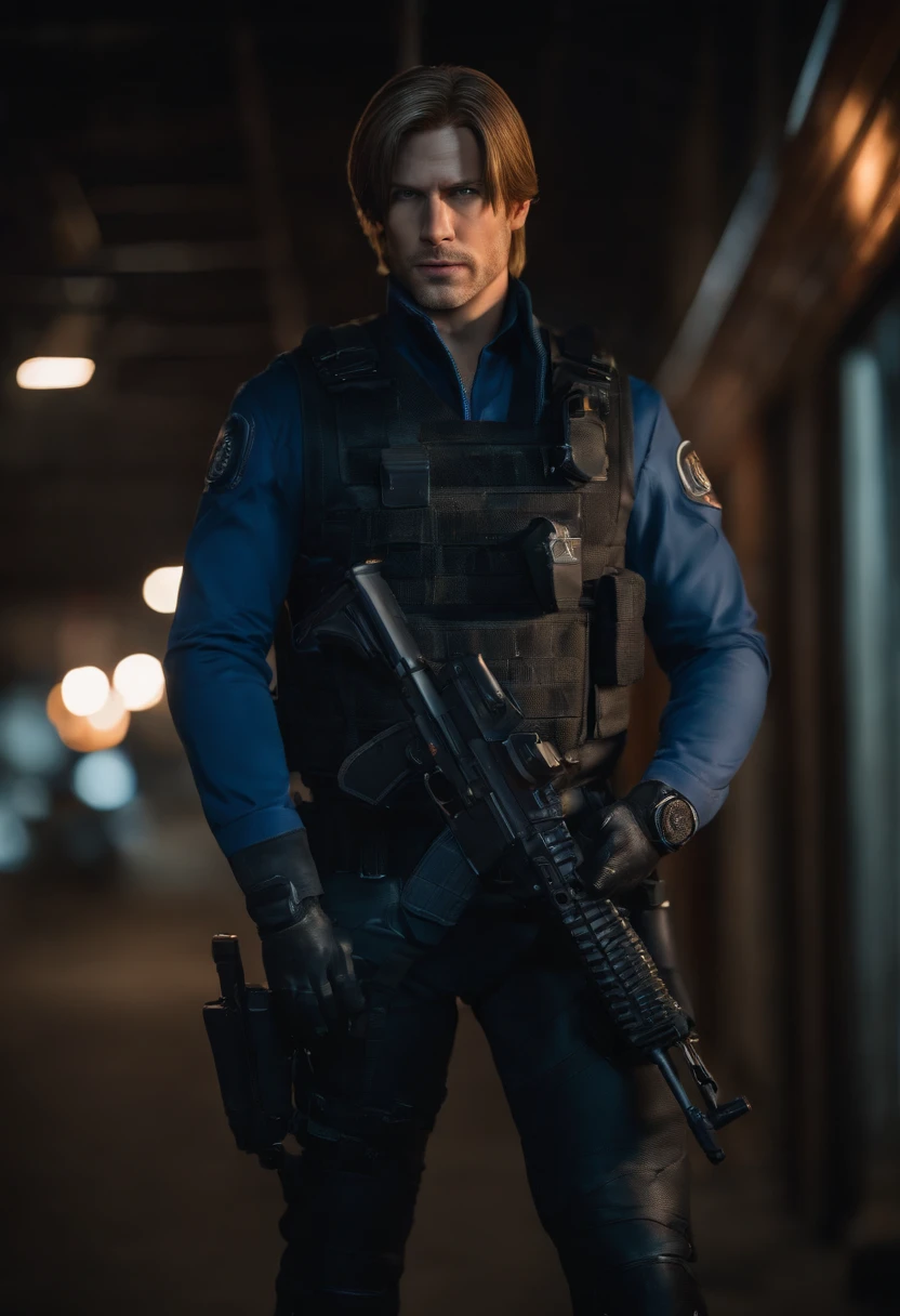 A prompt for Leon from Resident Evil. Depicting Leon S. Kennedy, the legendary member of S.T.A.R.S., A cyberpunk background with a blue light theme, 30-megapixel, 4k, Canon EOS 5D Mark IV DSLR, 85mm lens, sharp focus, intricately detailed, long exposure time, f/8, ISO 100, shutter speed 1/125, perfect contrast, High sharpness, 8k, unreal engine 5, ultra sharp focus