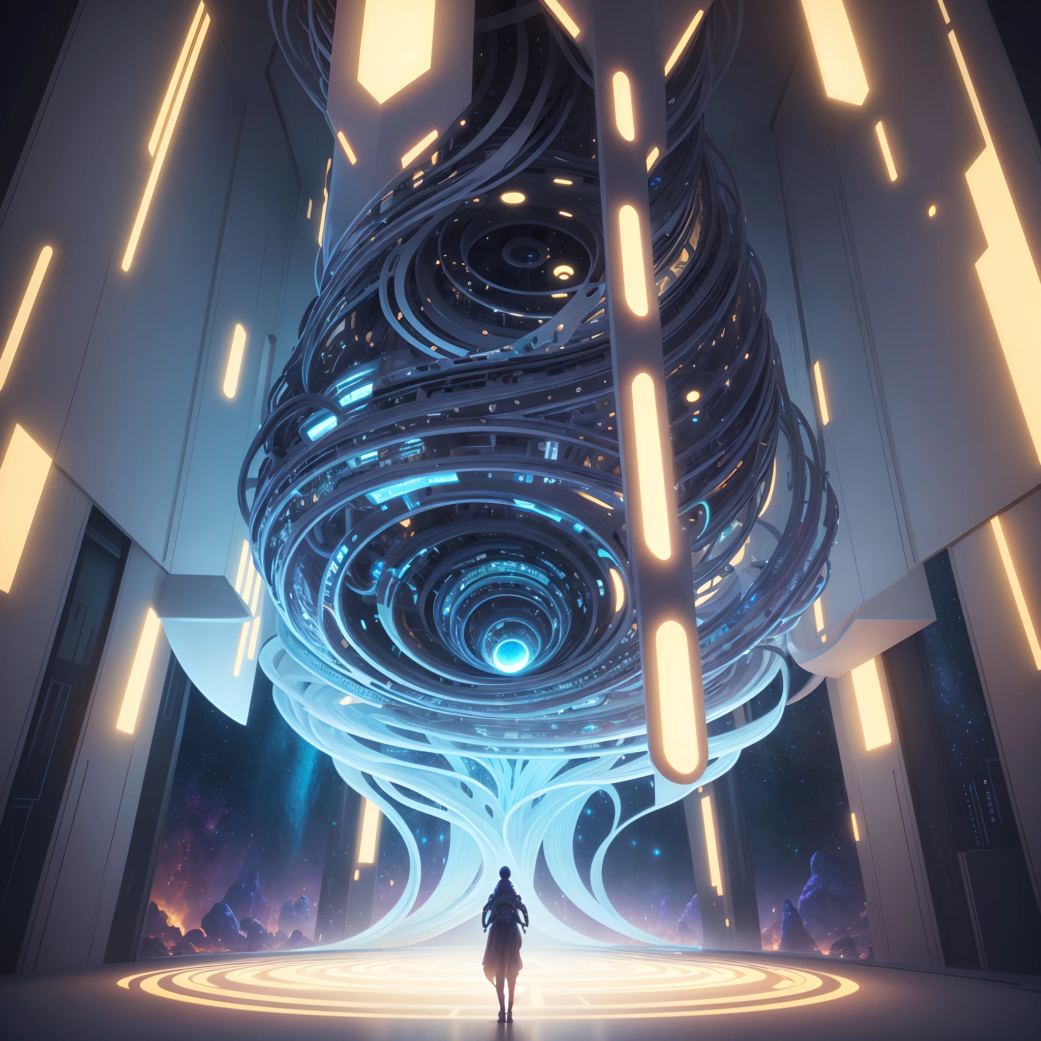 (best quality,4k,8k,highres,masterpiece:1.2),ultra-detailed,(realistic,photorealistic,photo-realistic:1.37),science-fiction,mandala,fractal art,vibrant colors,futuristic lighting,geometric patterns,interlocking shapes,alien technology,cosmic energy,illusory dimensions,otherworldly ambience,surreal atmosphere,transcendent experience,digital rendering,futuristic materials,organic structures,interstellar voyage,harmonious blend,advanced civilizations,ethereal entities,intergalactic landscapes,infinite perspectives,visual symphony,limitless creativity,timeless meditation,interwoven dimensions,mind-bending illusions,interconnected pathways,transcending boundaries,translucent illusions,hyperrealistic details,mesmerizing composition,symphonic cosmic dance,stunning visual effects,sentient beings,cosmic consciousness