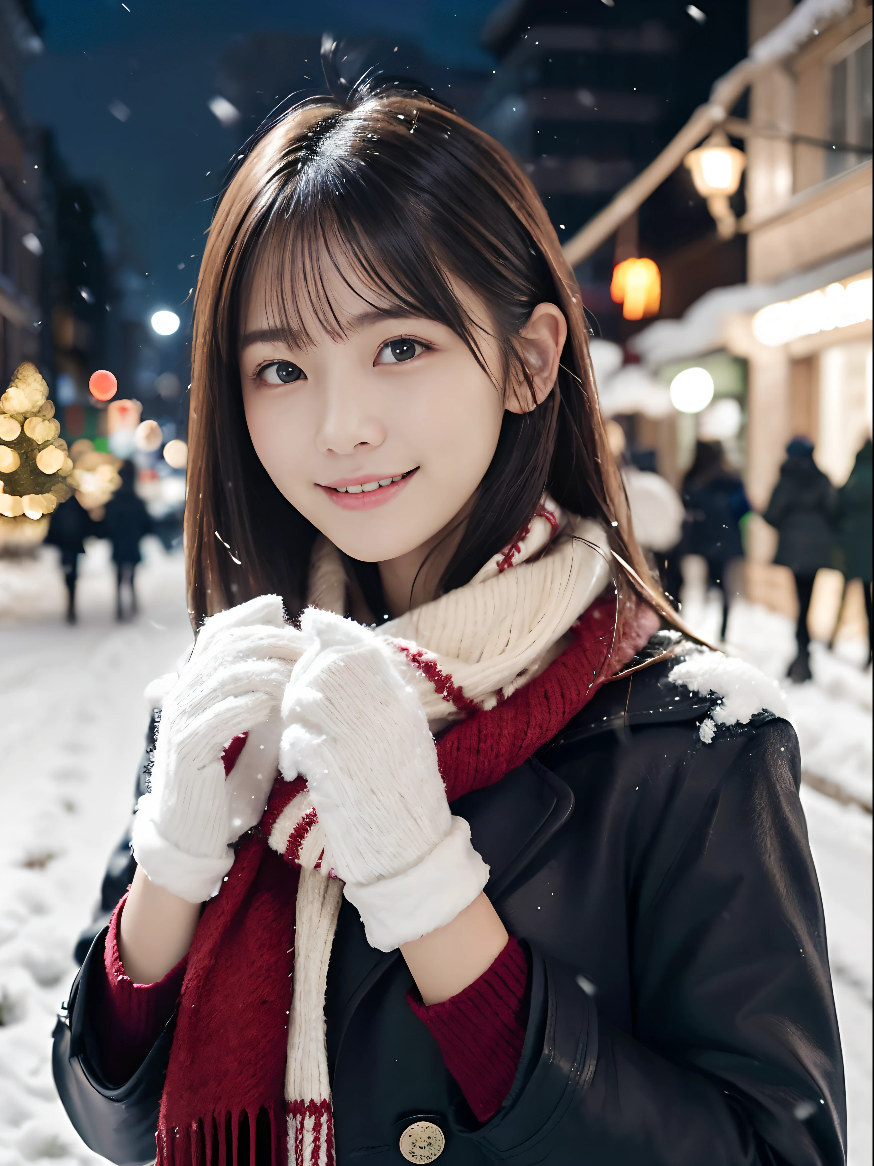 (Close-up portrait of one girl has long hair with dull bangs in a winter uniform and scarf coat:1.5)、(One girl with a shy smile has a gift box in hand with gloves:1.5)、(Snowy winter night street corner with Christmas lights:1.5)、(Perfect Anatomy:1.3)、(No mask:1.3)、(complete fingers:1.3)、Photorealistic、Photography、masutepiece、top-quality、High resolution, delicate and pretty、face perfect、Beautiful detailed eyes、Fair skin、Real Human Skin、pores、((thin legs))、(Dark hair)