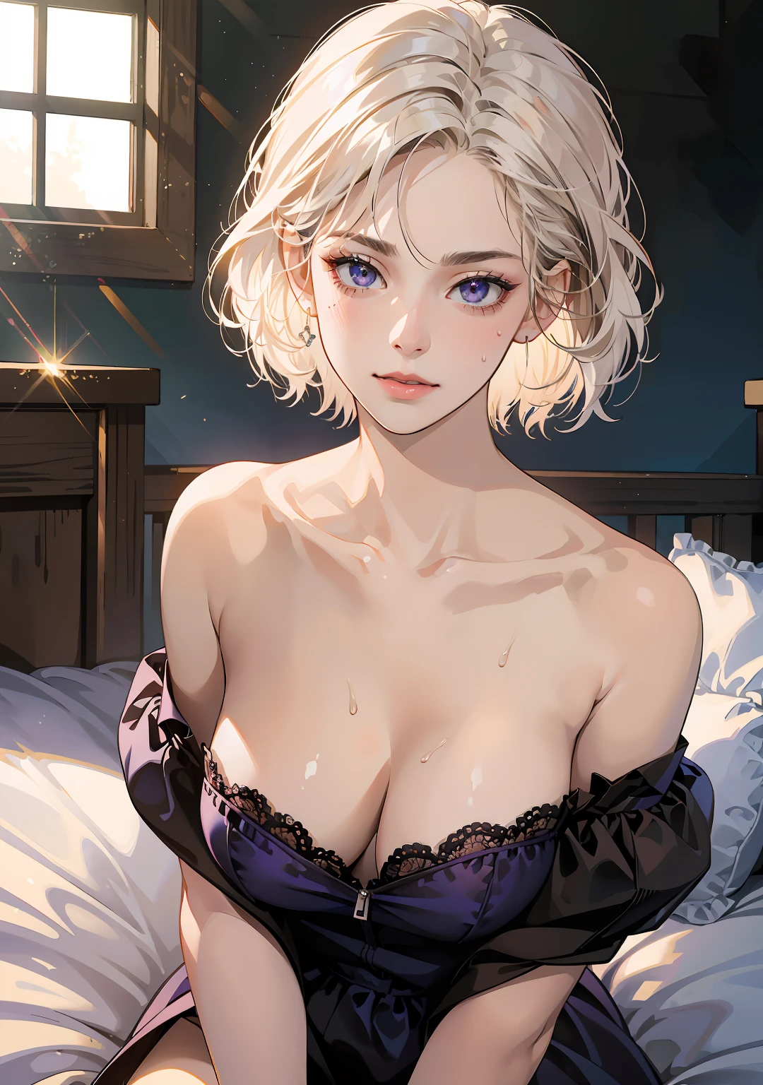 ((((masterpiece, best quality, high resolution)))), Extremely detailed 8K, Beautiful girl with slender body, (Ultra HD, Ultra-detailed, Highly detailed, Highly realistic, Ultra-realistic, photograph realistic), (1girl:1.5), white hair, short wavy hair, bob cut, purple eyes, light smile, (large breasts: 1.2), (sunbeam, sunlight, rose, wind), bedroom, laying on the bed, blush, sweat