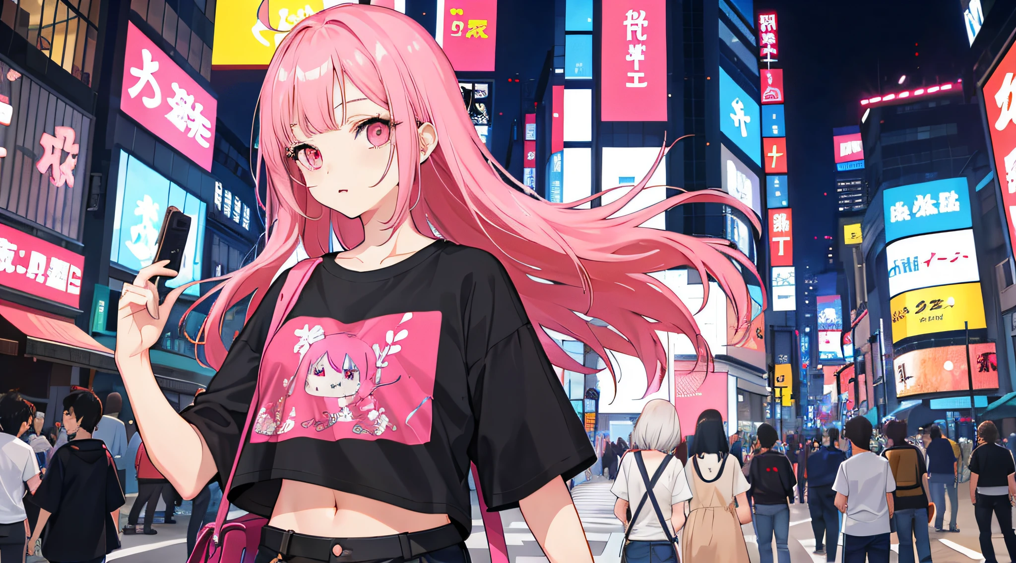 a girl, pink hair, low-cut black blouse, big breasts, short blouse with small sleeves, white t-shirt, flat stomach showing, breasts showing, on the street in Tokyo, cyberpunk, night, lights, anime style, from the front