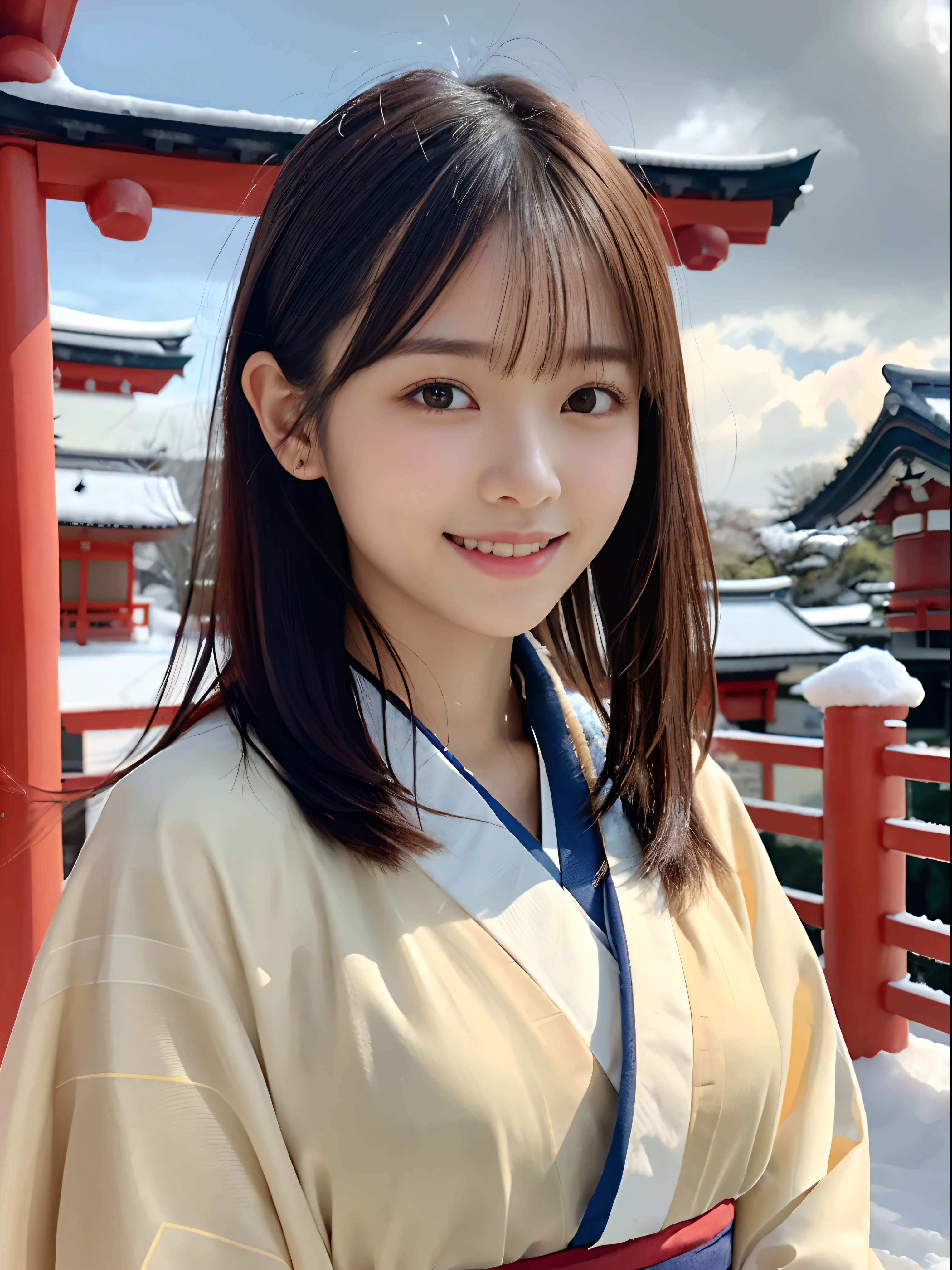 (Close up portrait of girl with dull bangs dumpling hair in beautiful glamorous kimono with long fur scarf:1.5)、(One of the girls enshrining the shrine of Japan with a smile:1.3)、(A shrine in Japan with a winter sky:1.5)、(Perfect Anatomy:1.3)、(No mask:1.3)、(complete fingers:1.3)、Photorealistic、Photography、masutepiece、top-quality、High resolution, delicate and pretty、face perfect、Beautiful detailed eyes、Fair skin、Real Human Skin、pores、((thin legs))、(Dark hair)