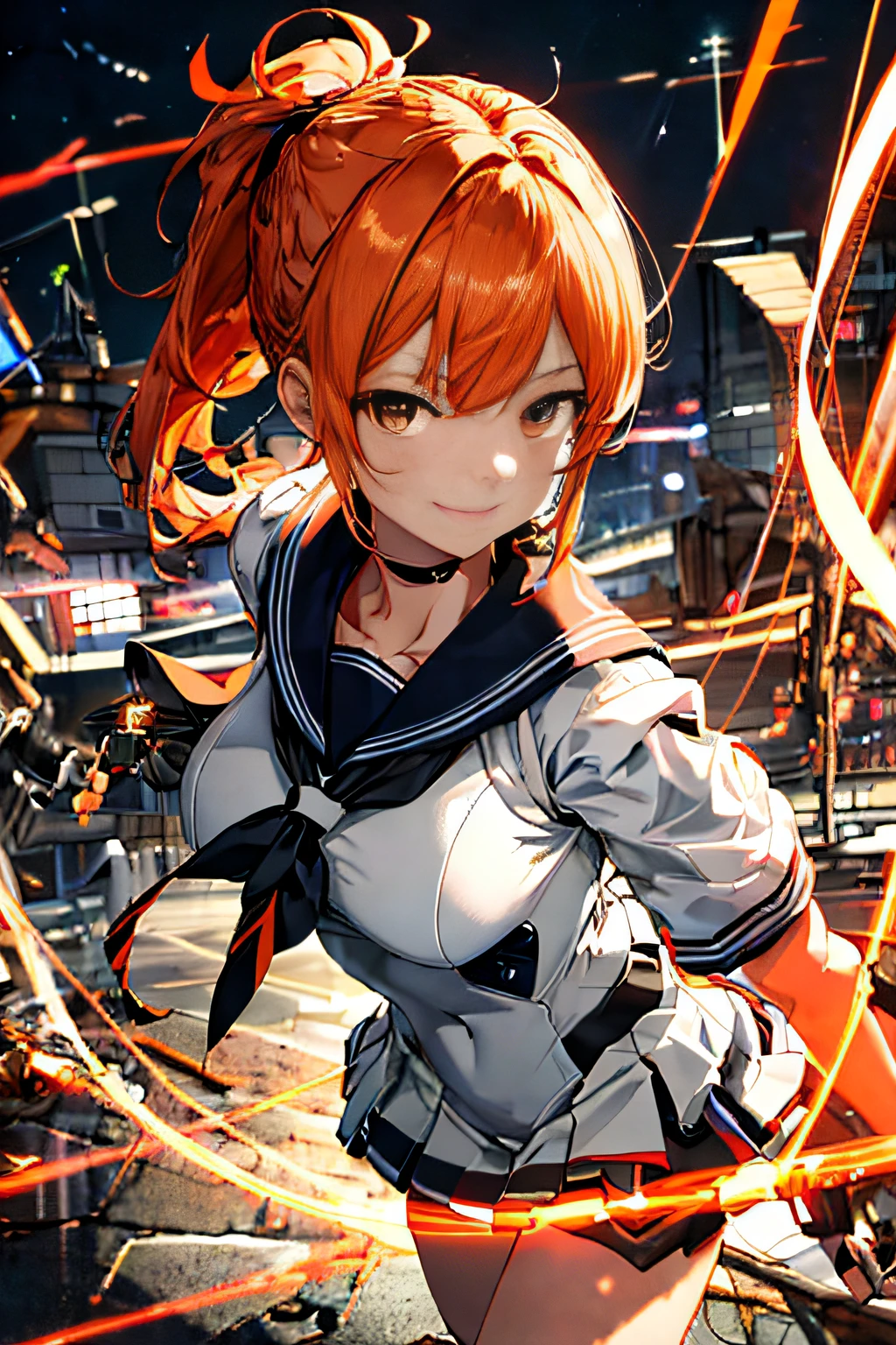 Cybernetic arm and glowing cyber girl,(J Women's Uniform,a sailor suit,White skirt,),Intense body movements,Add a motion blur effect to simulate motion,Stand on the streets of a desolate battlefield.Surrounded by a network of wires. Surrounded by a web of circuits. (Cyber Girl with Orange Glowing Sword:1.3), Glossy light brown and orange striped shorthair,disheveled ponytail,Cute smile,Perfect round face,Black eyes,A cheerful smile that makes the viewer happy,Proper body proportion,Intricate details,Very delicate and beautiful hair,photos realistic,Dreamy,Professional Lighting,realistic shadow,Solo Focus,Beautiful hands,Beautiful fingers,Detailed finger features,detailed clothes features,Detailed hair features,detailed facial features,(masutepiece,top-quality,Ultra-high resolution output image,) ,(The 8k quality,),(Image Mode Ultra HD,),(Image Mode Ultra HD,),(SeaArt2 Mode.1:1.3),Science fiction fantasy