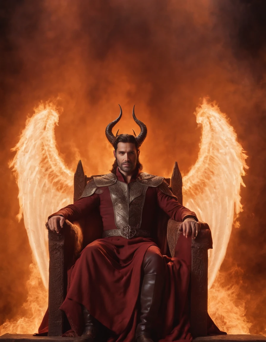 Lucifer sitting on his throne in hell, ruler of the hell, portray his power and authority