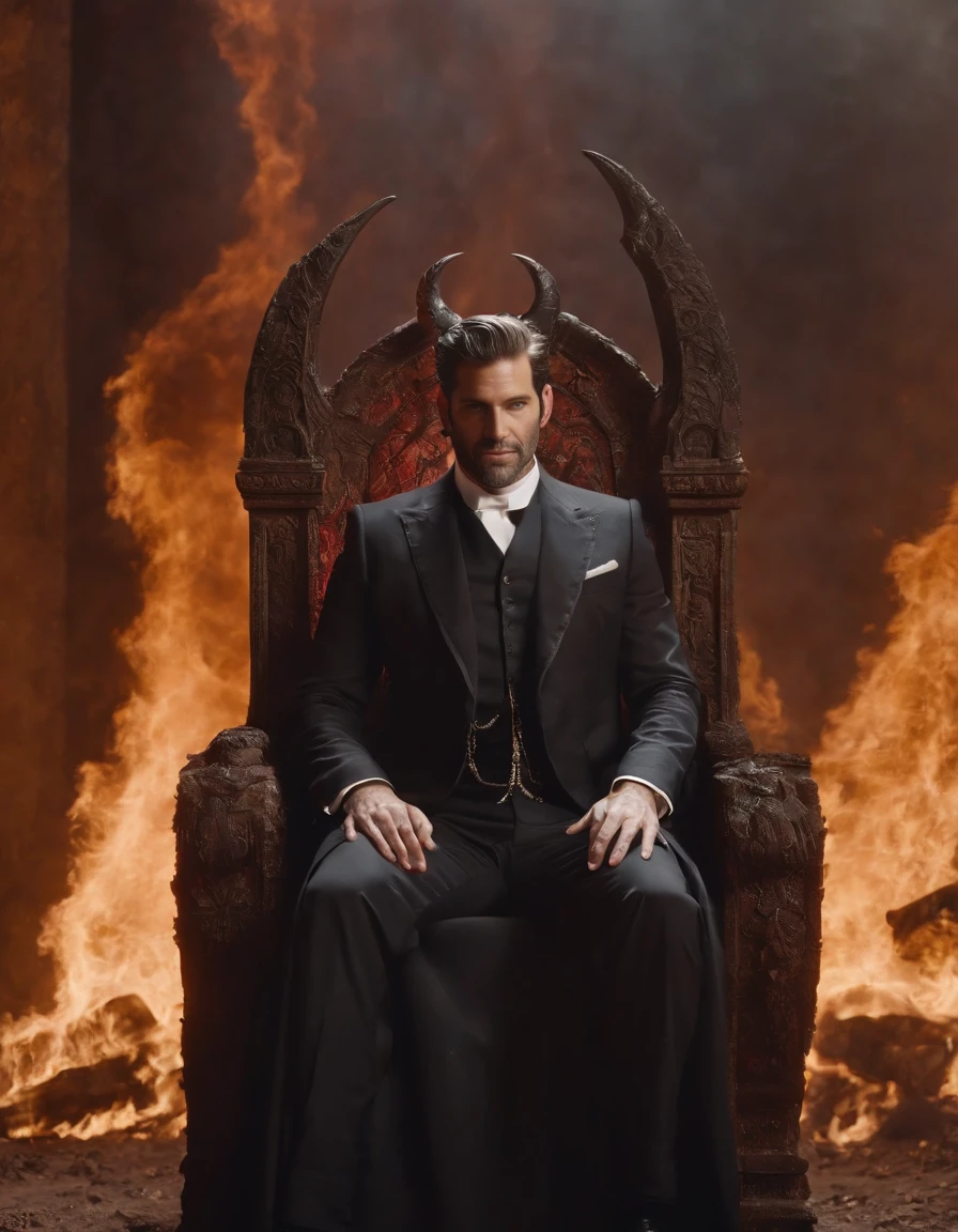 Lucifer sitting on his throne in hell, ruler of the hell, portray his power and authority